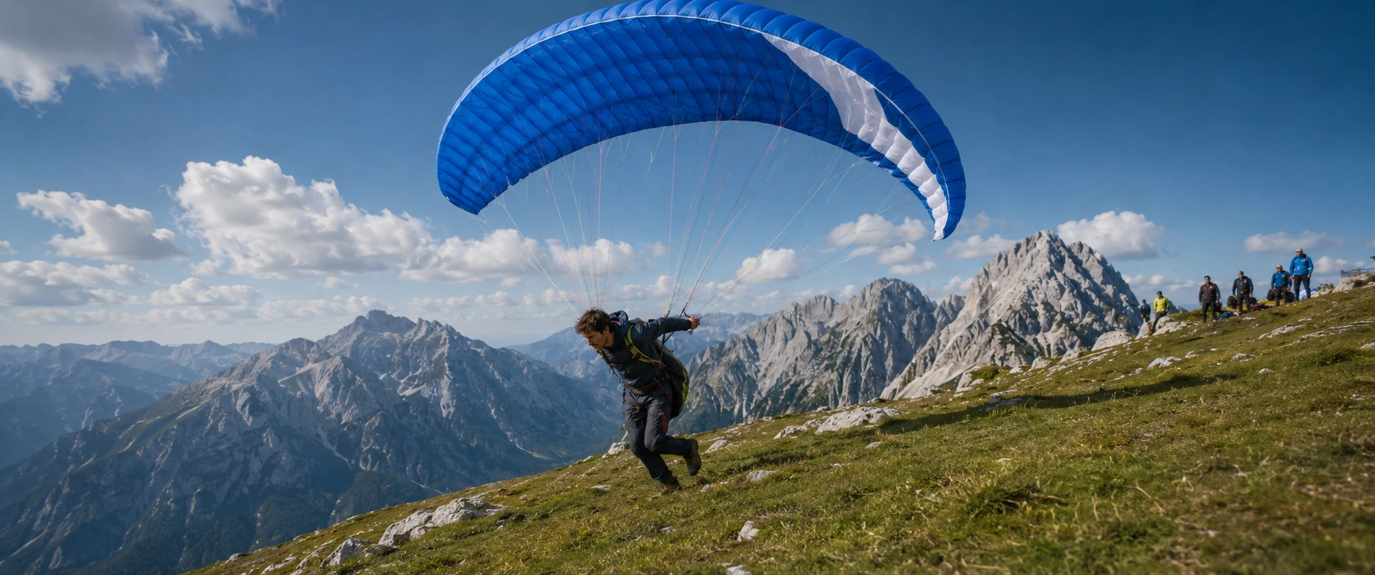 Luka launches his cobalt-blue paraglider into the Alpine morning.