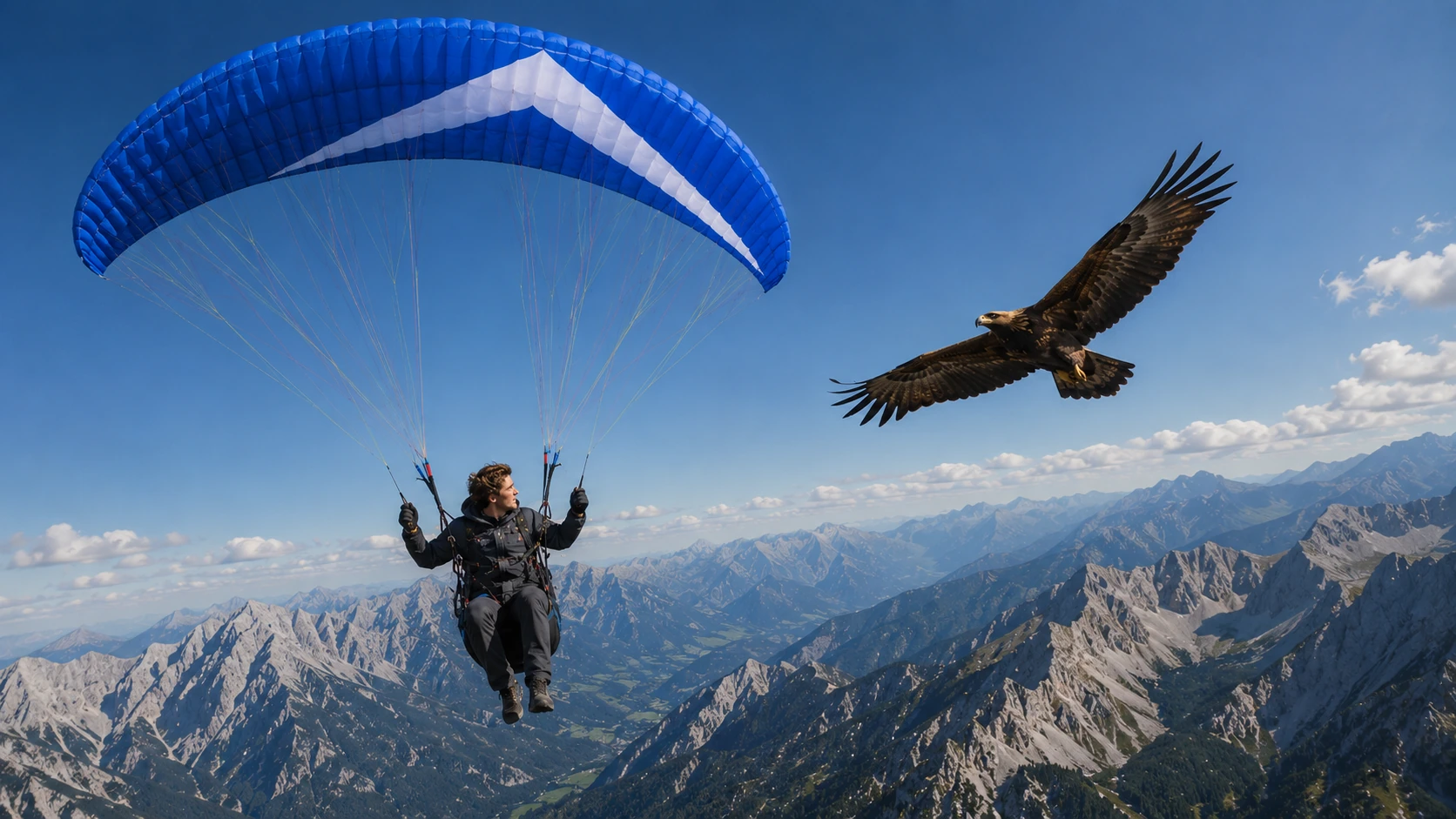 An eagle sharing a thermal with a paraglider