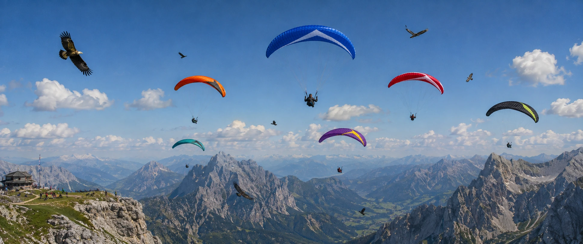 Multiple paragliders share beautiful thermals with soaring birds.