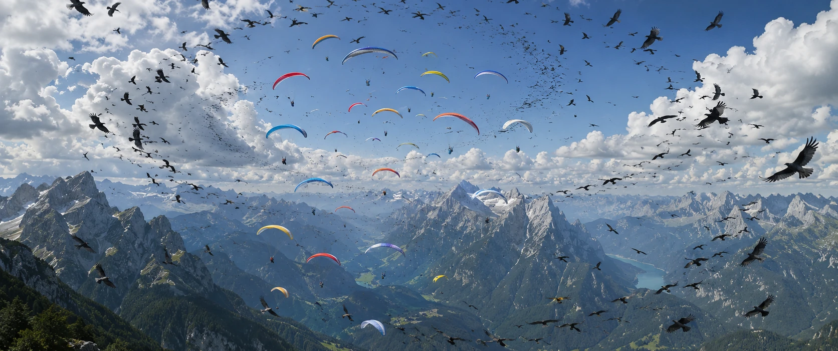 Hundreds of paragliders inside a wider spiral of birds