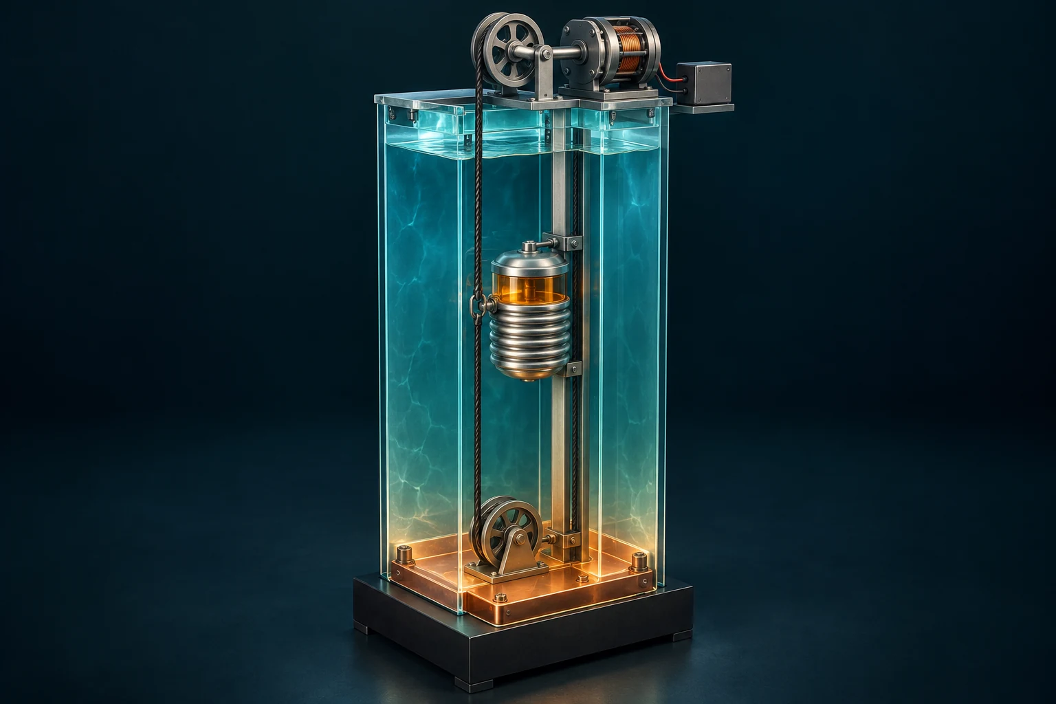 Concept illustration of one guided variable-volume body in a heated/cooled bath, with rope drive and a dry generator above.