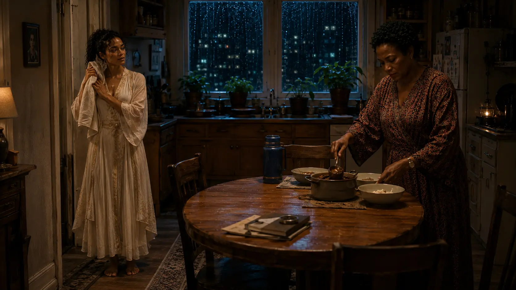 Illuminara dries her rain-wet hair while Adaeze serves stew in a warm kitchen at night