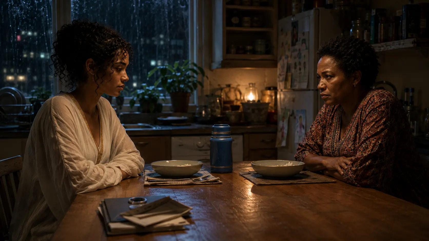 Nara and Adaeze sit opposite each other at the kitchen table with two bowls and the blue thermos between them while rain streaks the window.