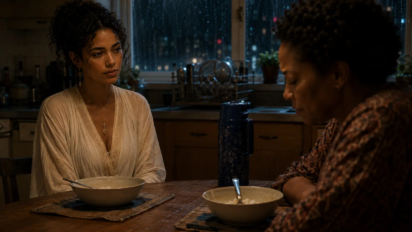 Nara sits quietly across the kitchen table from Adaeze, who looks down with exhaustion as two unfinished bowls and the blue thermos remain between them.