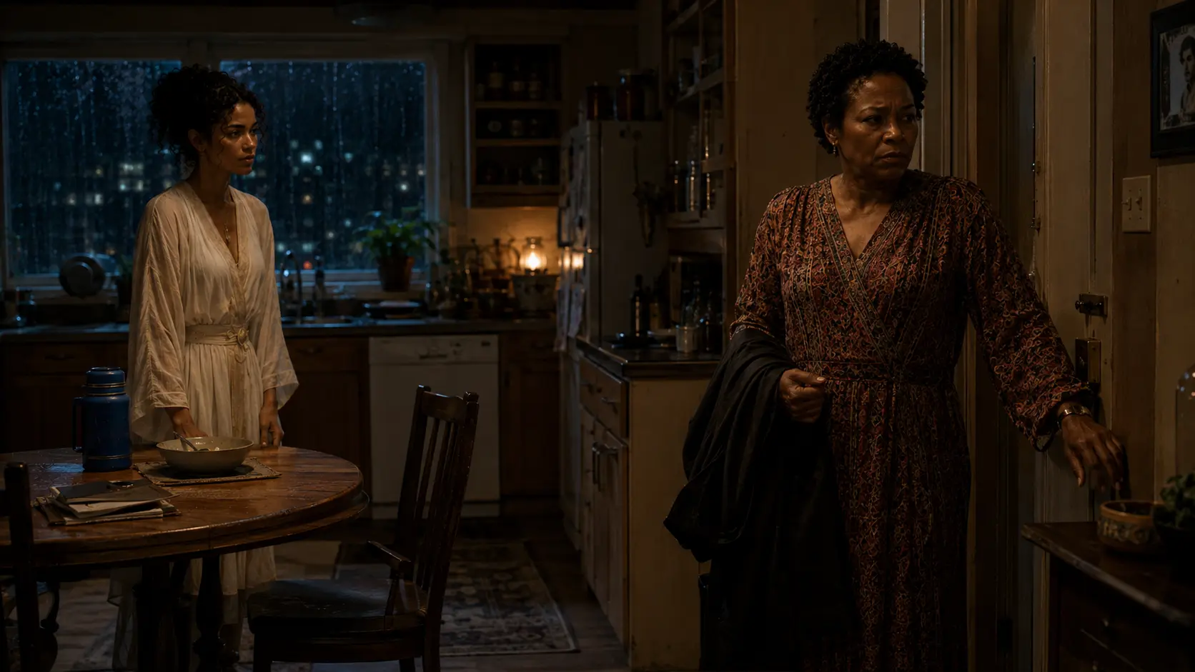 Adaeze stands at the apartment door holding her coat while Nara remains several steps behind beside the kitchen table, with rain beyond the windows.