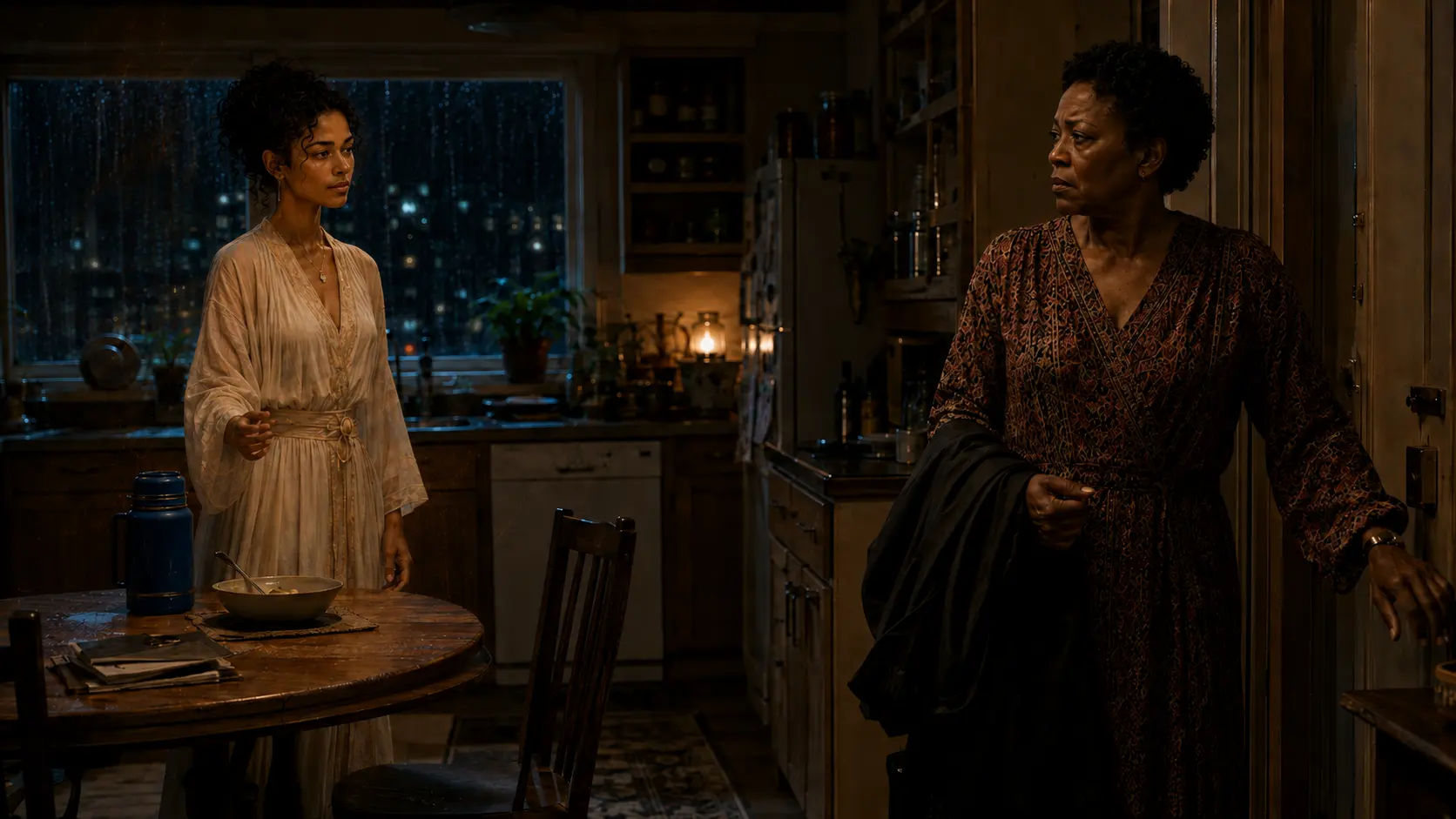 Nara and Adaeze face each other across the ordinary kitchen near the door as Nara offers something wider without any visible field touching Adaeze.