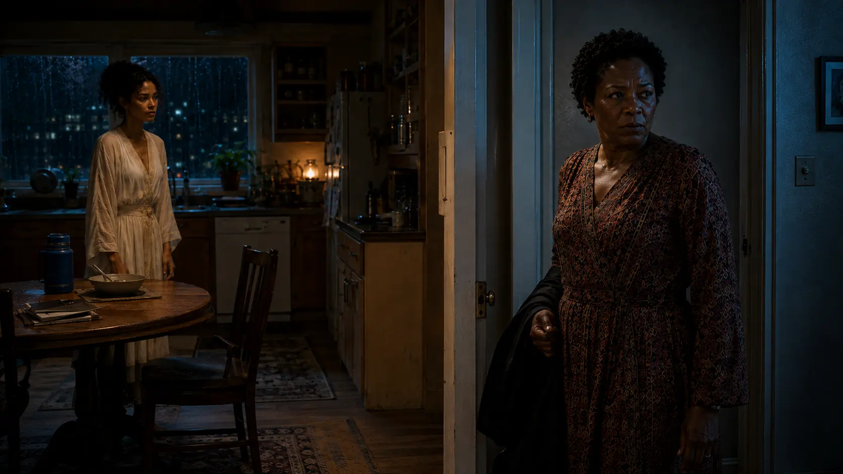 Adaeze stands in the cold hallway beyond the open apartment door while Nara remains motionless inside the warm rain-dark kitchen.