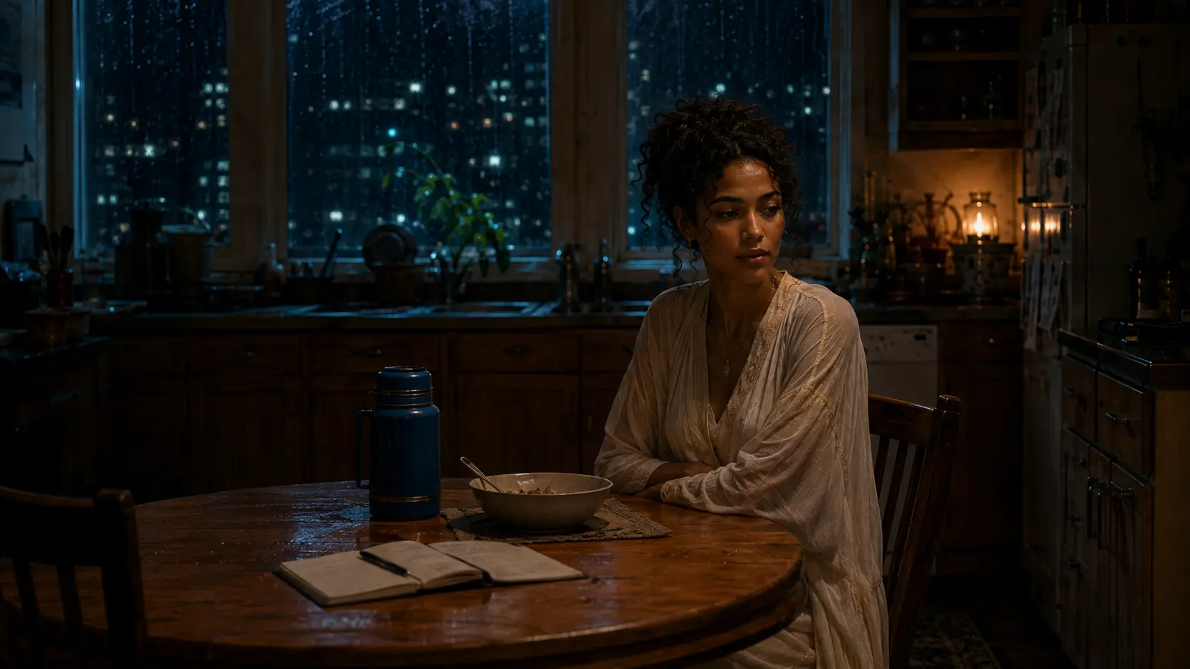 Nara sits alone at the kitchen table after Adaeze leaves, beside cooling stew, the blue thermos and an open notebook, with rain on the dark windows behind her.