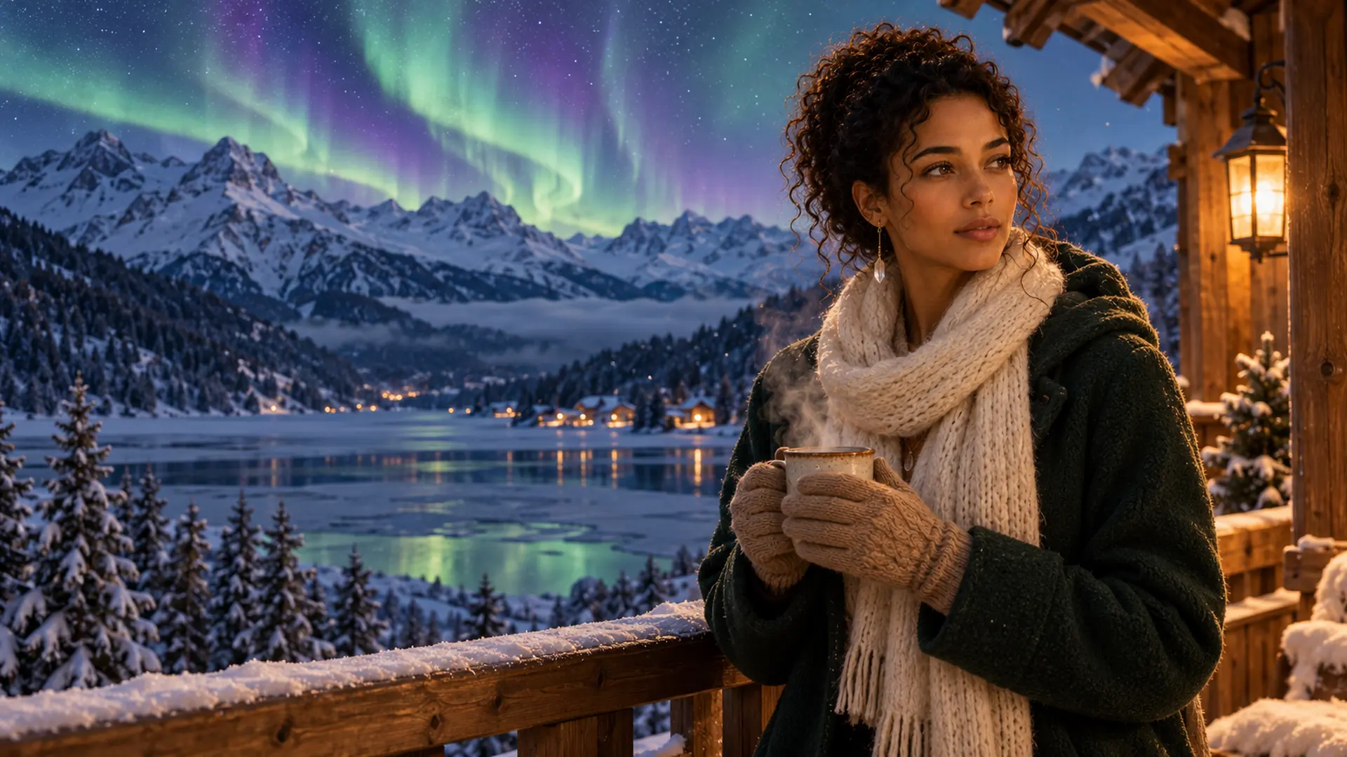 Illuminara visual series 02: Northern lights ripple above snowy peaks and a silent lake. Wrapped against the cold, she watches the sky without trying to interpret it for anyone.