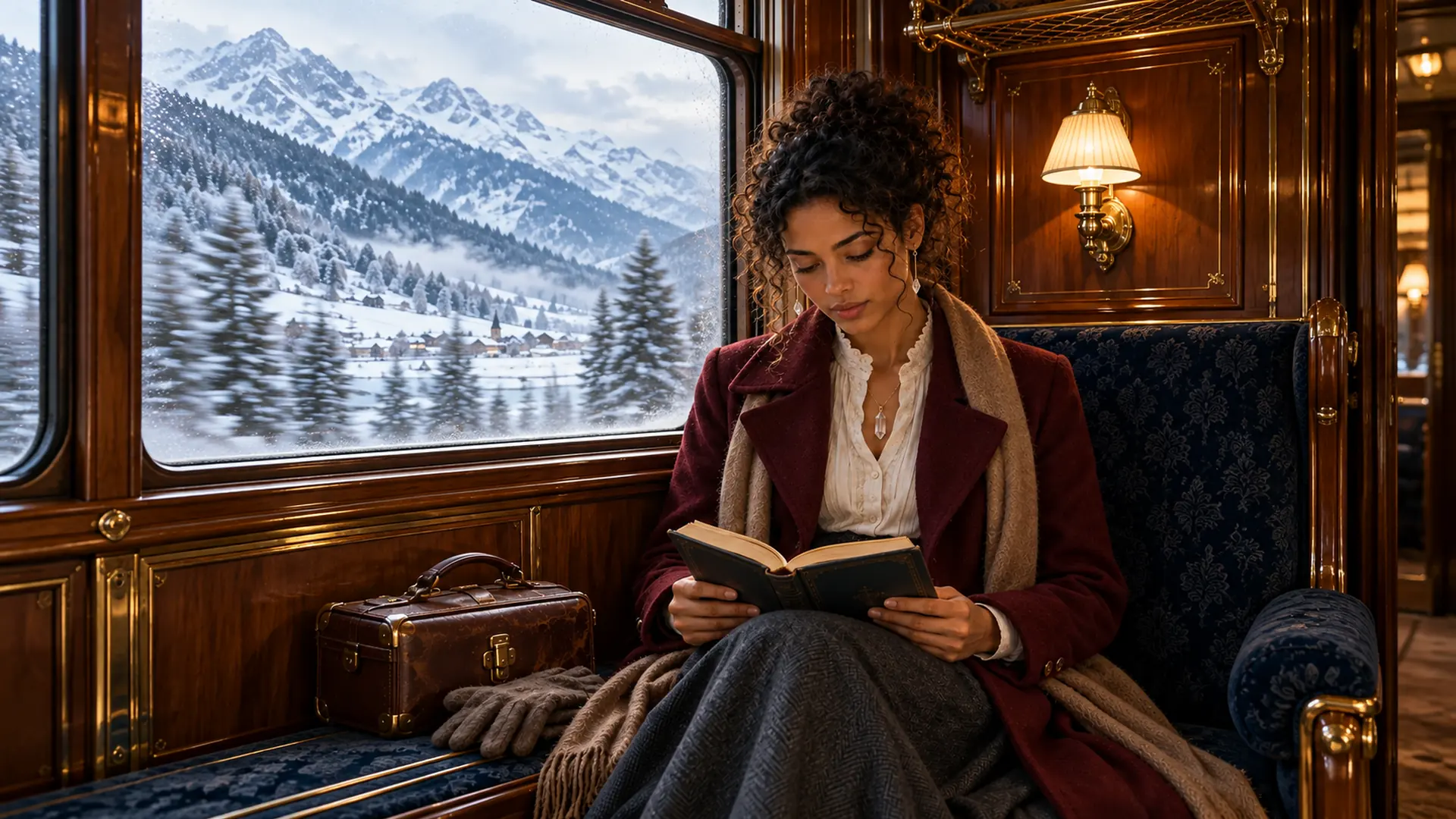 Illuminara visual series 06: Snowy mountains pass beyond a warm, wood-paneled train carriage while she reads. An ordinary private pause on a journey through an earlier century.