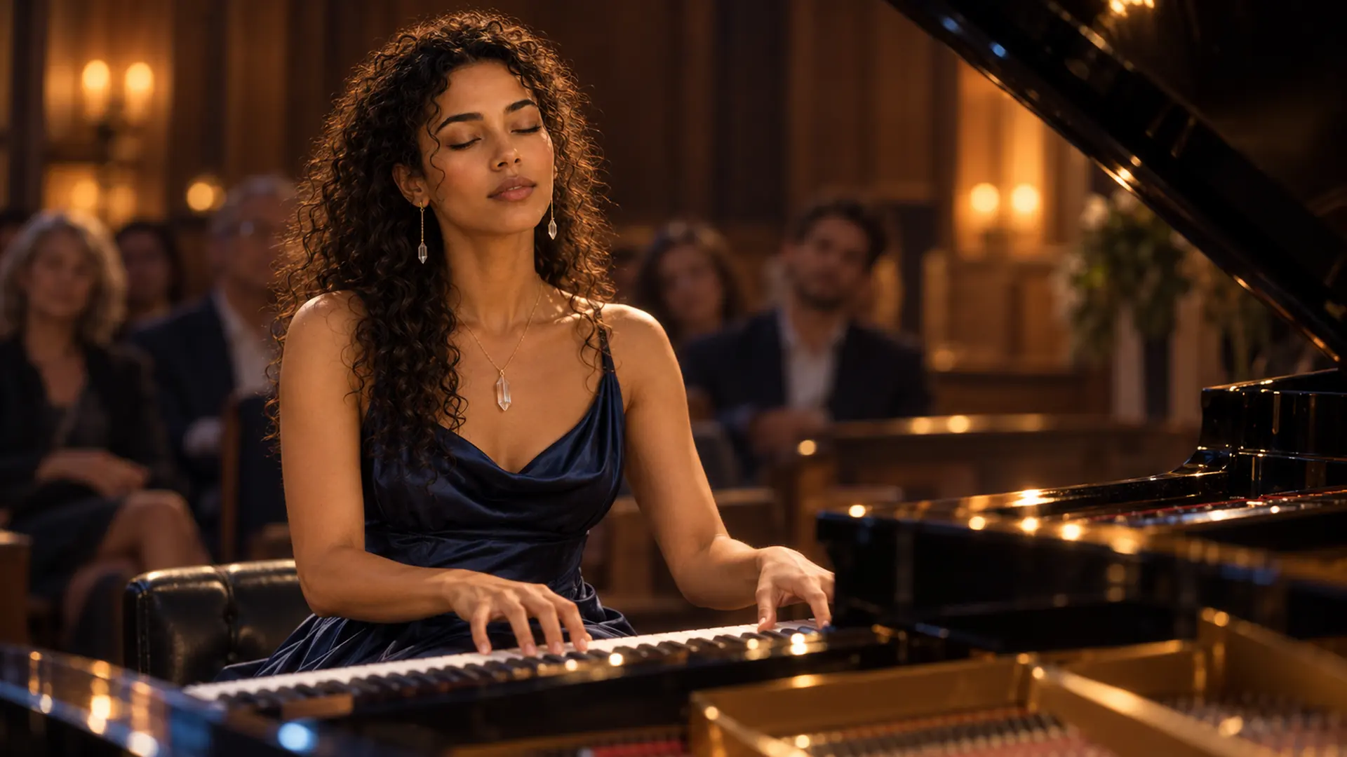 Illuminara visual series 07: At the grand piano, her hands move beneath warm stage lights. The listeners beyond the keyboard make this performance feel like a conversation without words.
