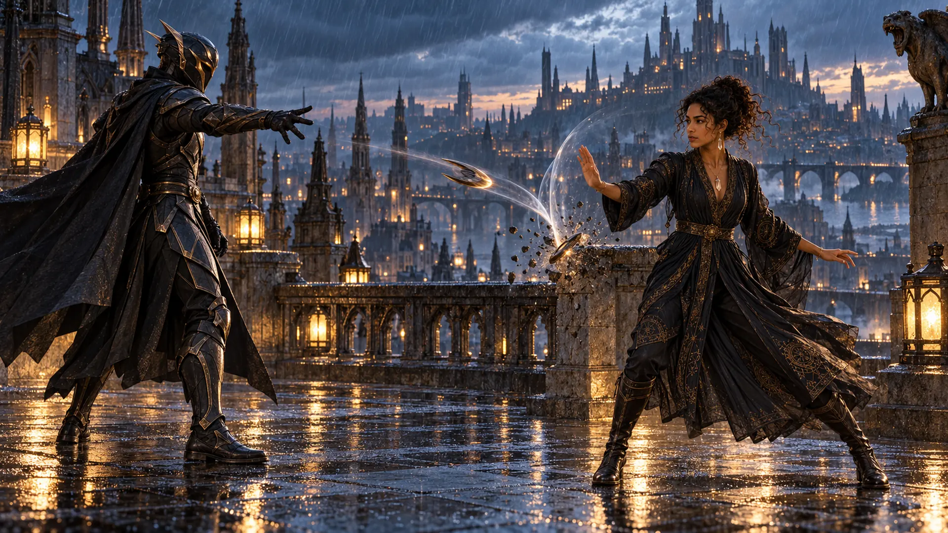 Illuminara visual series 11: A cloaked opponent advances across rain-slick stone while Illuminara holds her ground. The midnight skyline watches over a confrontation not yet decided.