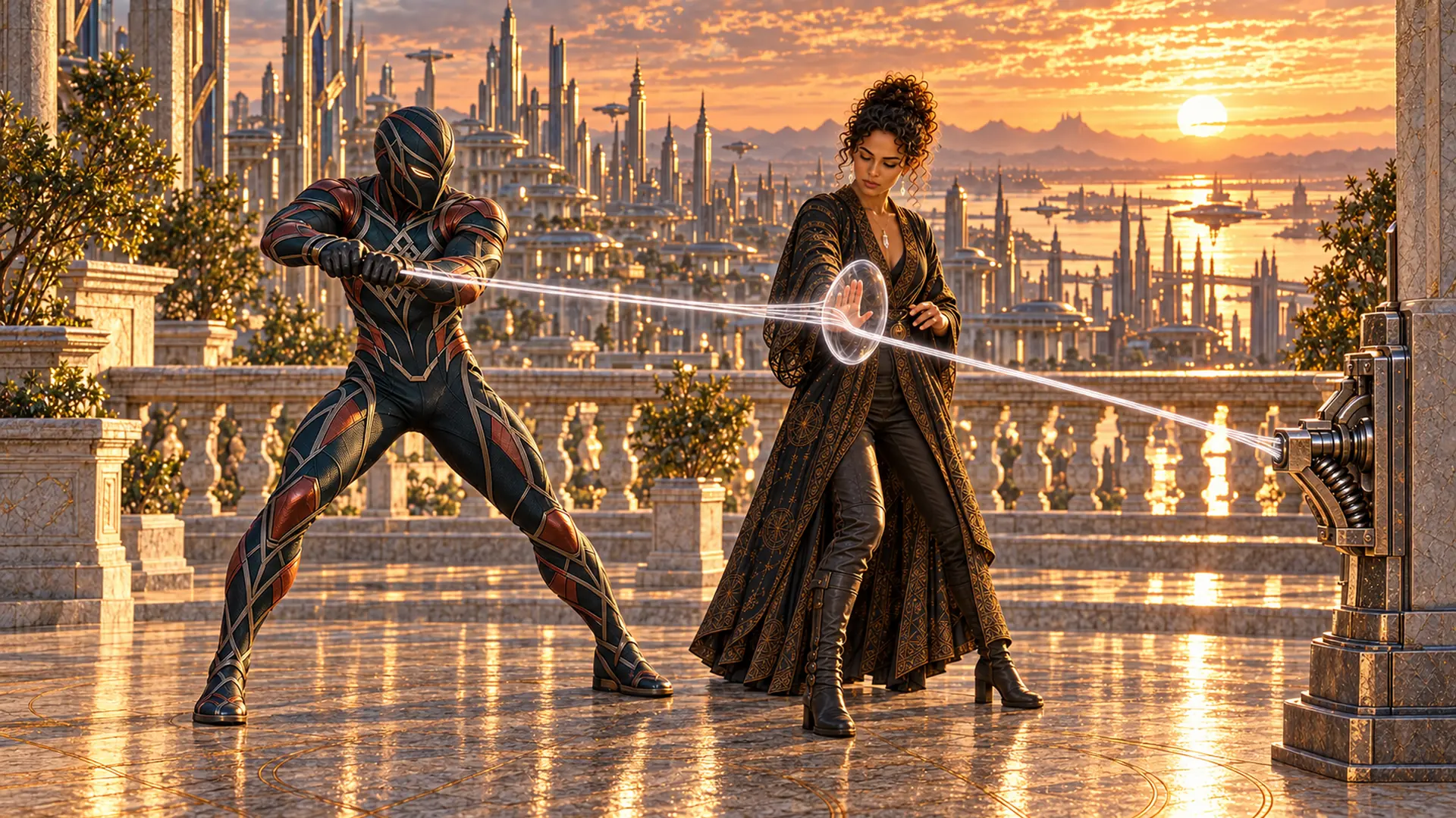 Illuminara visual series 13: On a high terrace, luminous strands curve between Illuminara's hands while a masked figure stands nearby. This looks more like careful weaving than a display of force.