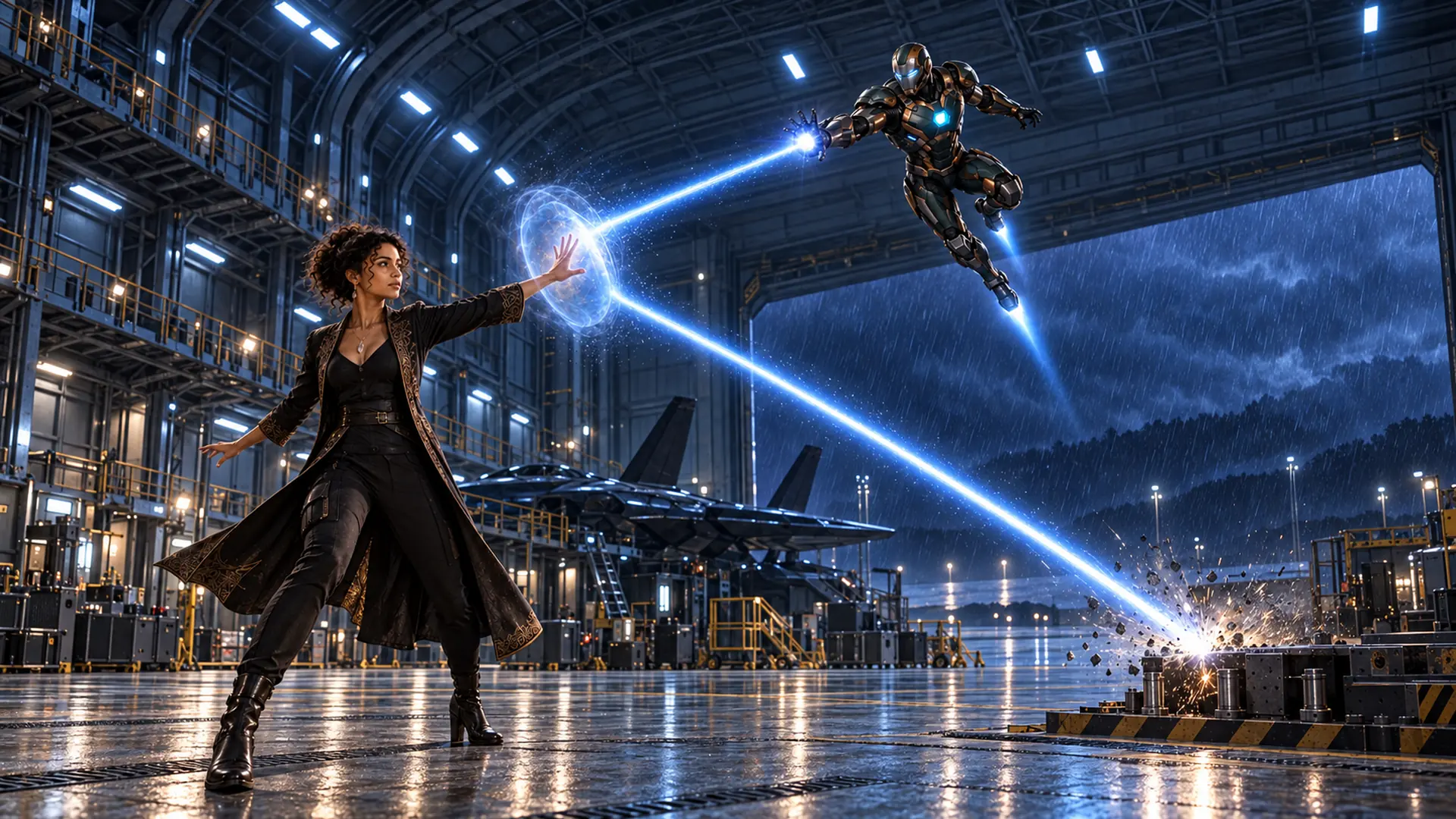 Illuminara visual series 14: A blue energy beam slices through the vast hangar. Beneath the suspended machine, Illuminara meets its path with a small, controlled circle of light.