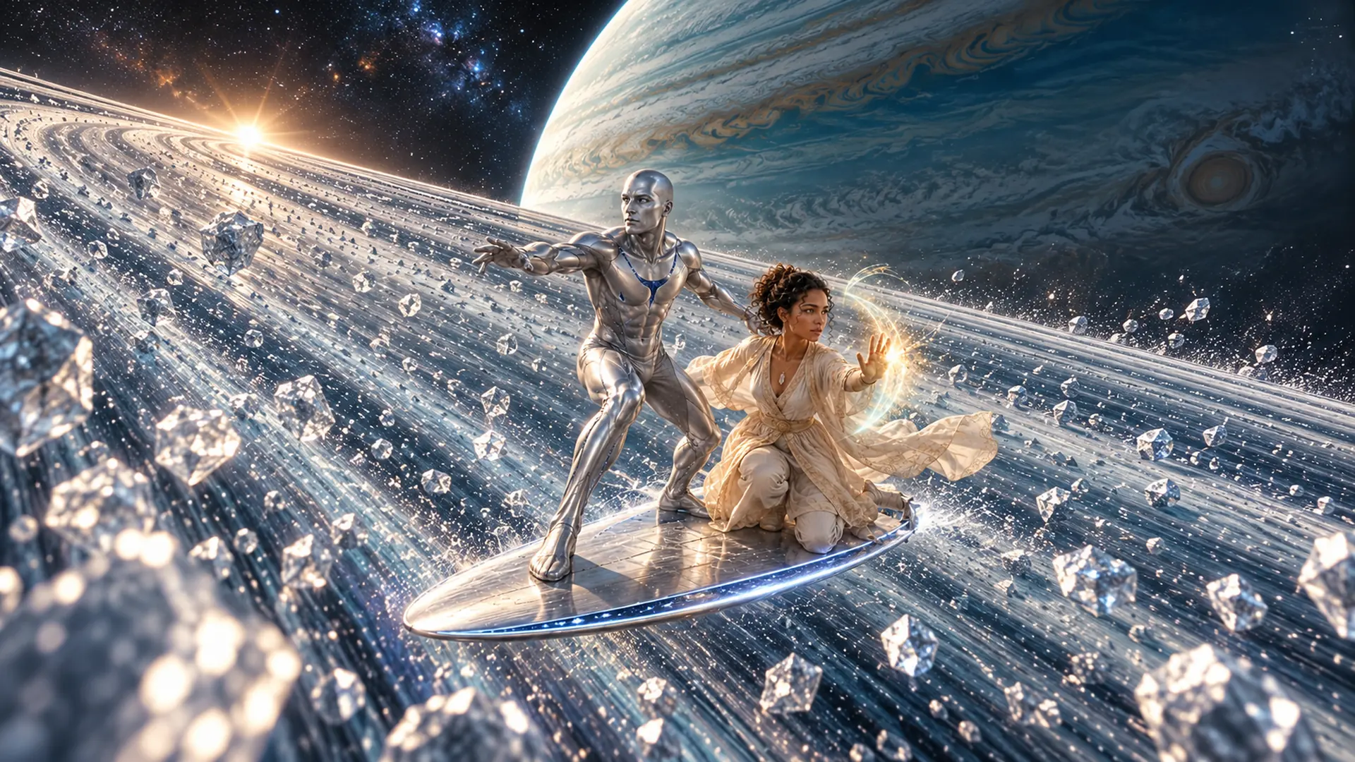 Illuminara visual series 19: Above the glittering rings of a giant planet, Illuminara and a silver figure balance on a narrow platform. The immense world below makes their shared position feel precarious.