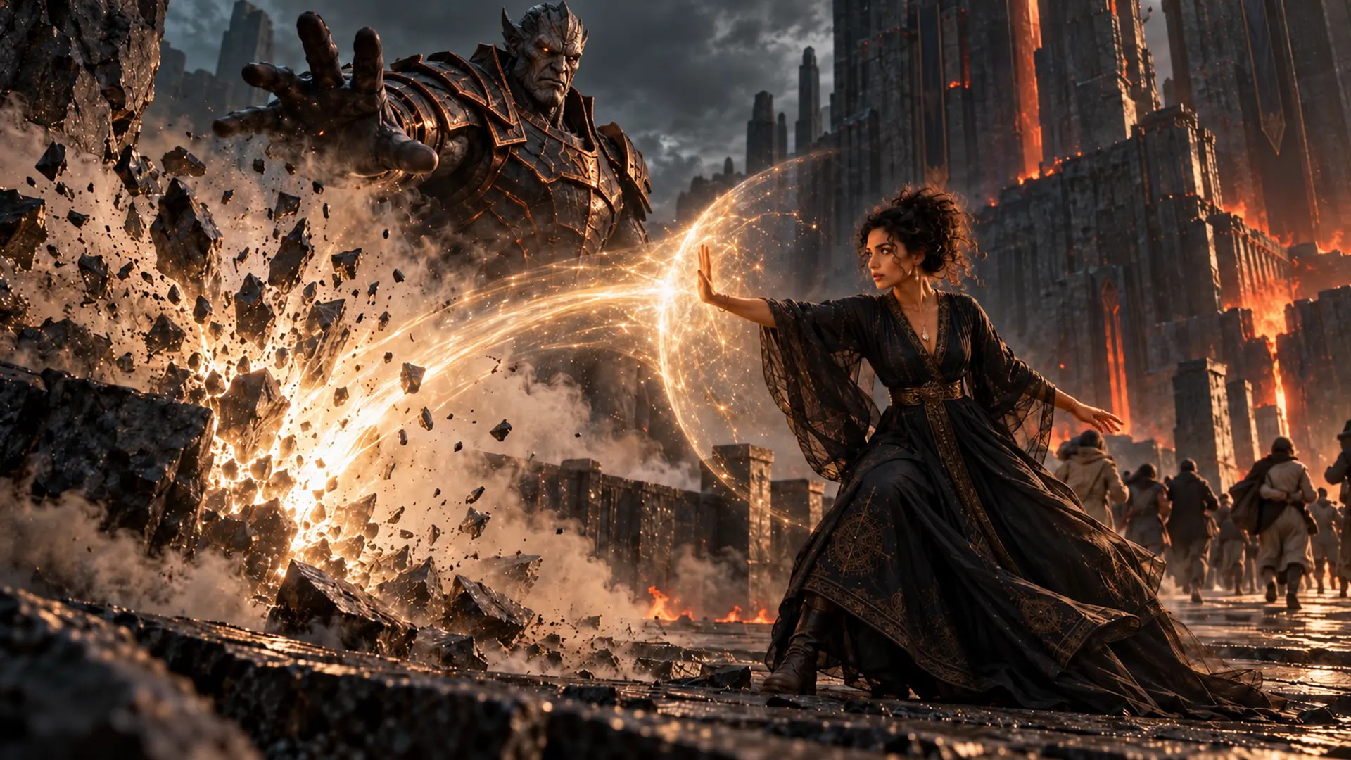 Illuminara visual series 21: An enormous armored figure rises above a collapsing citadel. Illuminara sends a bright arc through flying debris, holding her place amid the destruction.
