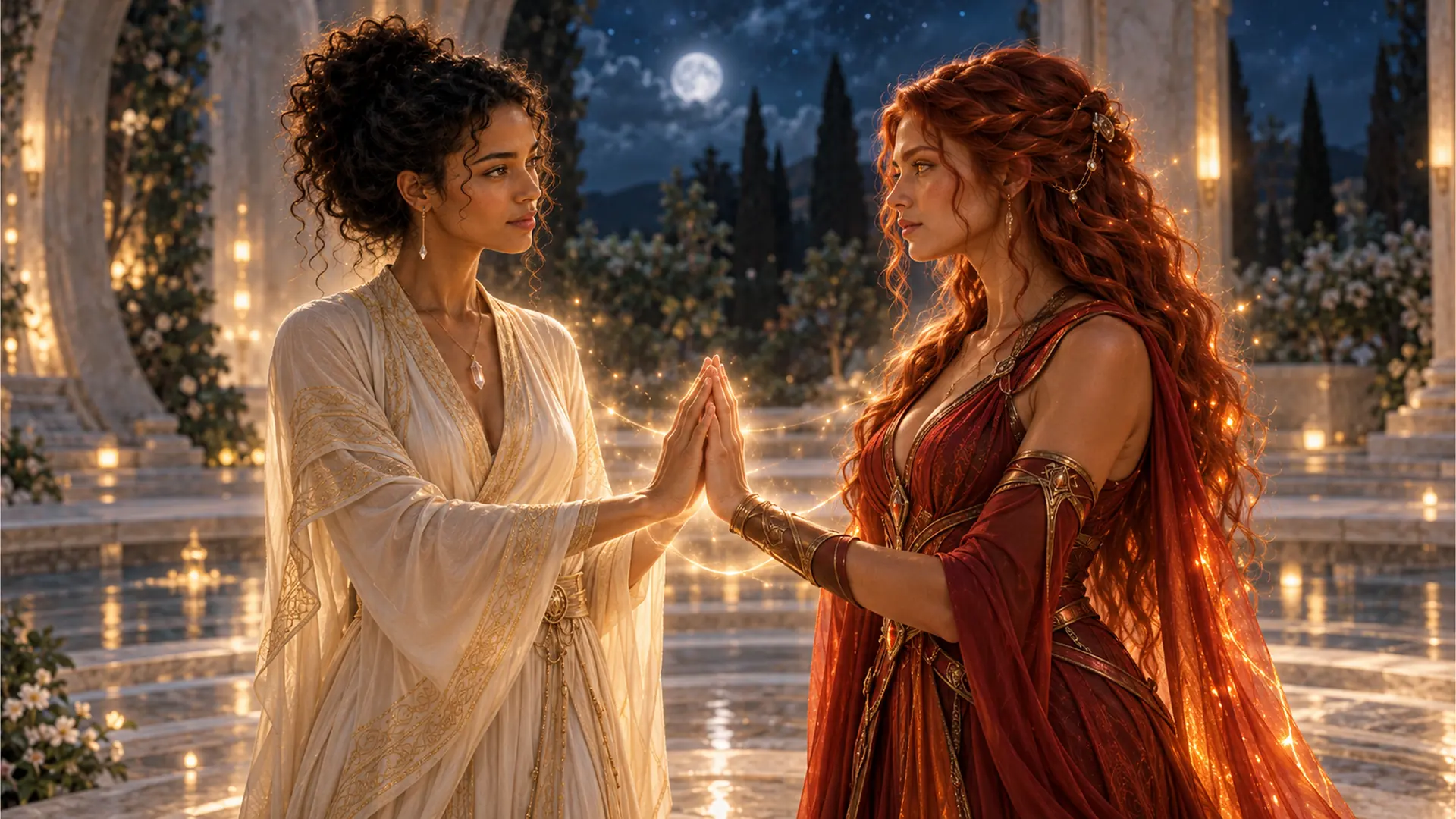 Illuminara visual series 25: In a moonlit courtyard, Illuminara and a red-haired woman meet palm to palm. The light between them is gentle, leaving the meaning of their contact open.