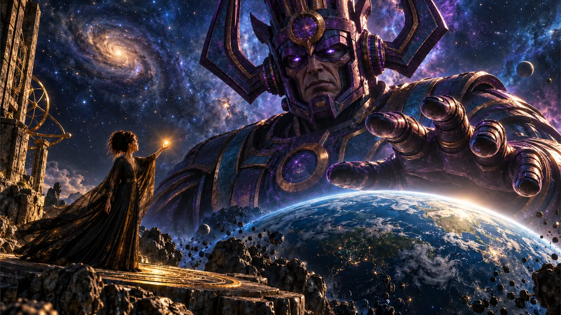 Illuminara visual series 26: Beneath spiral galaxies, a towering cosmic being reaches toward a lone figure on a ledge. Their difference in scale fills the sky without deciding what happens next.