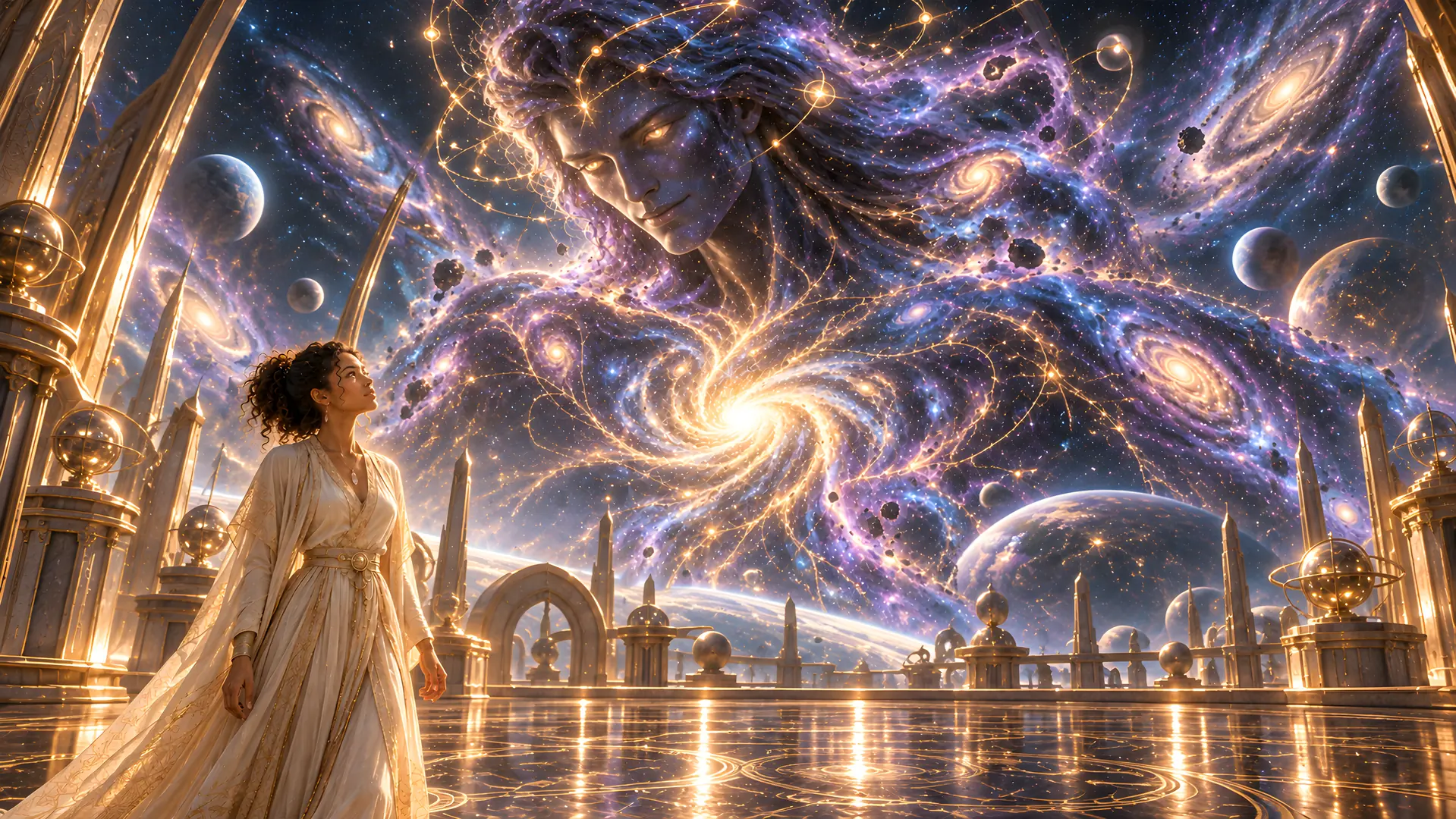 Illuminara visual series 27: Stars swirl into the outline of an immense presence above Illuminara. She looks upward, neither retreating nor pretending that the sight can be understood at a glance.