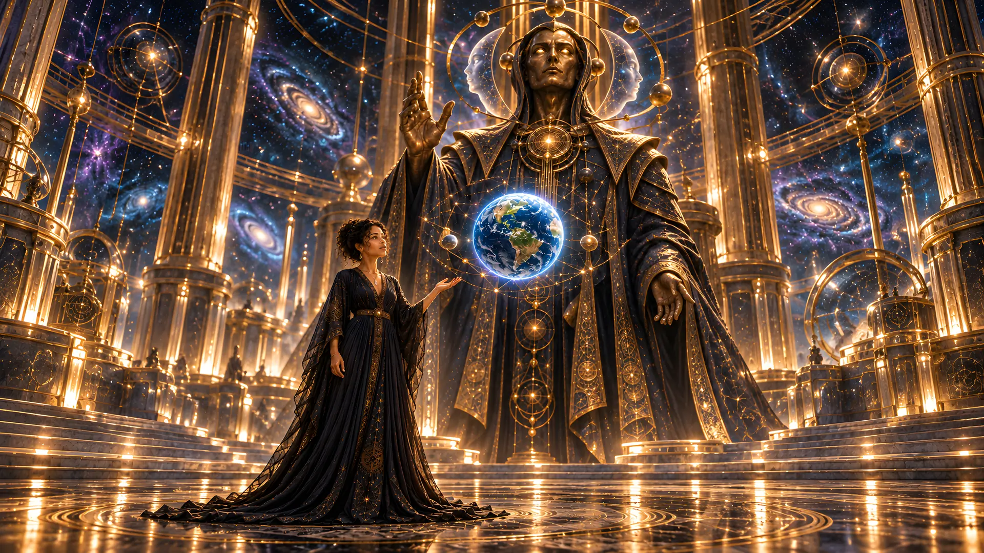 Illuminara visual series 28: A monumental figure framed by golden instruments holds a blue world before it. Below, Illuminara stands small, yet visibly present within the enormous chamber.