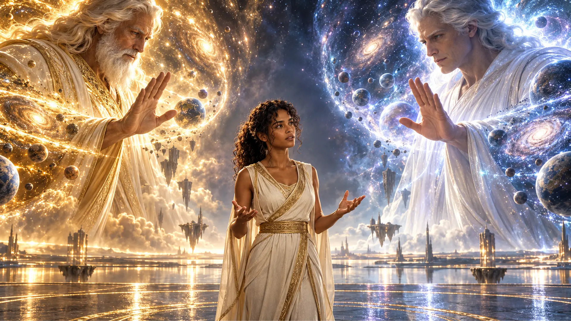 Illuminara visual series 30: Two vast luminous presences face one another across the stars. Between them, a small figure extends an open hand. The scene holds its human centre even at a cosmic scale.