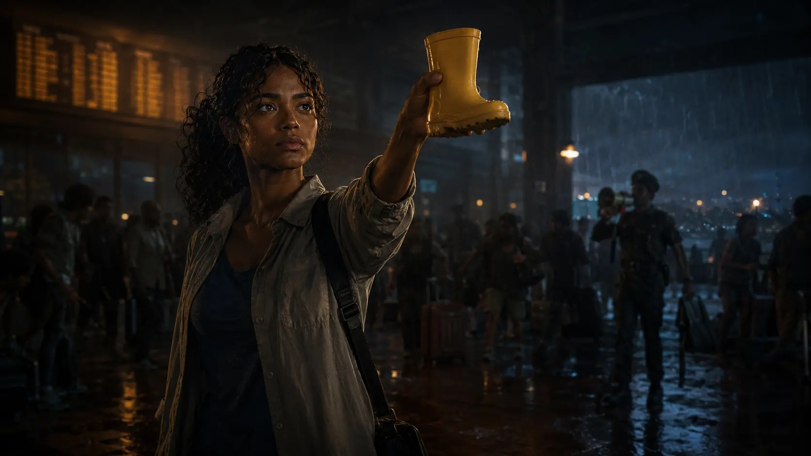 Nara raises a small yellow child’s boot inside a storm-darkened terminal