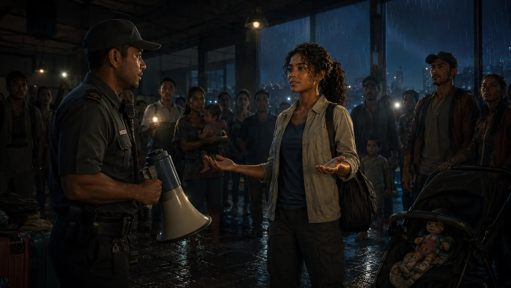 Nara faces a security guard as he lowers his bullhorn during the dark terminal emergency.