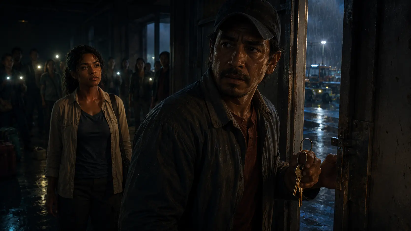 Tomas verifies the flooded loading lane through a service-door hatch while Nara and the guard wait.