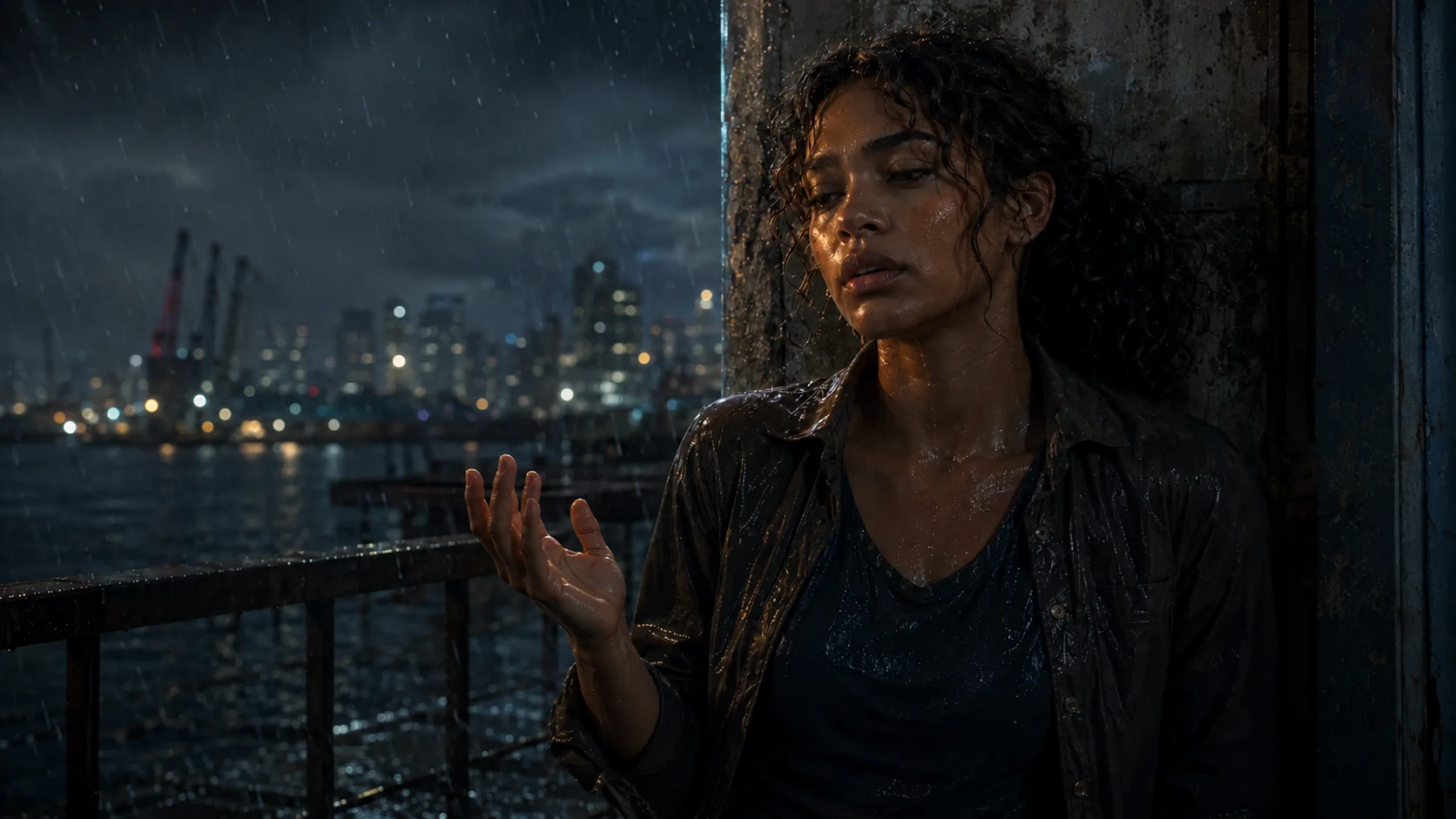 Nara stands alone in hard rain outside the terminal, exhausted and watching her trembling hand.