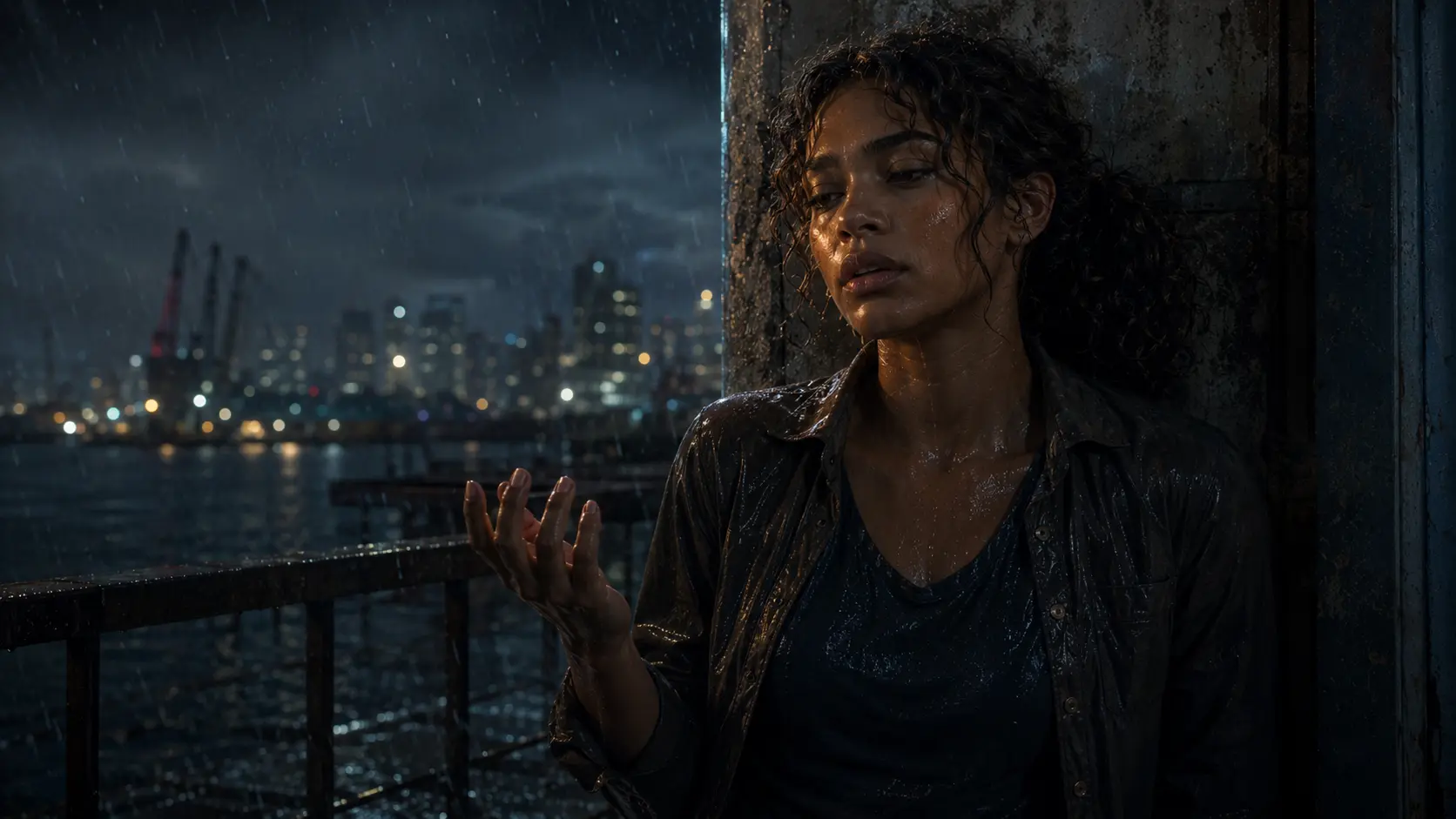 Nara stands alone in hard rain outside the terminal, exhausted and watching her trembling hand.