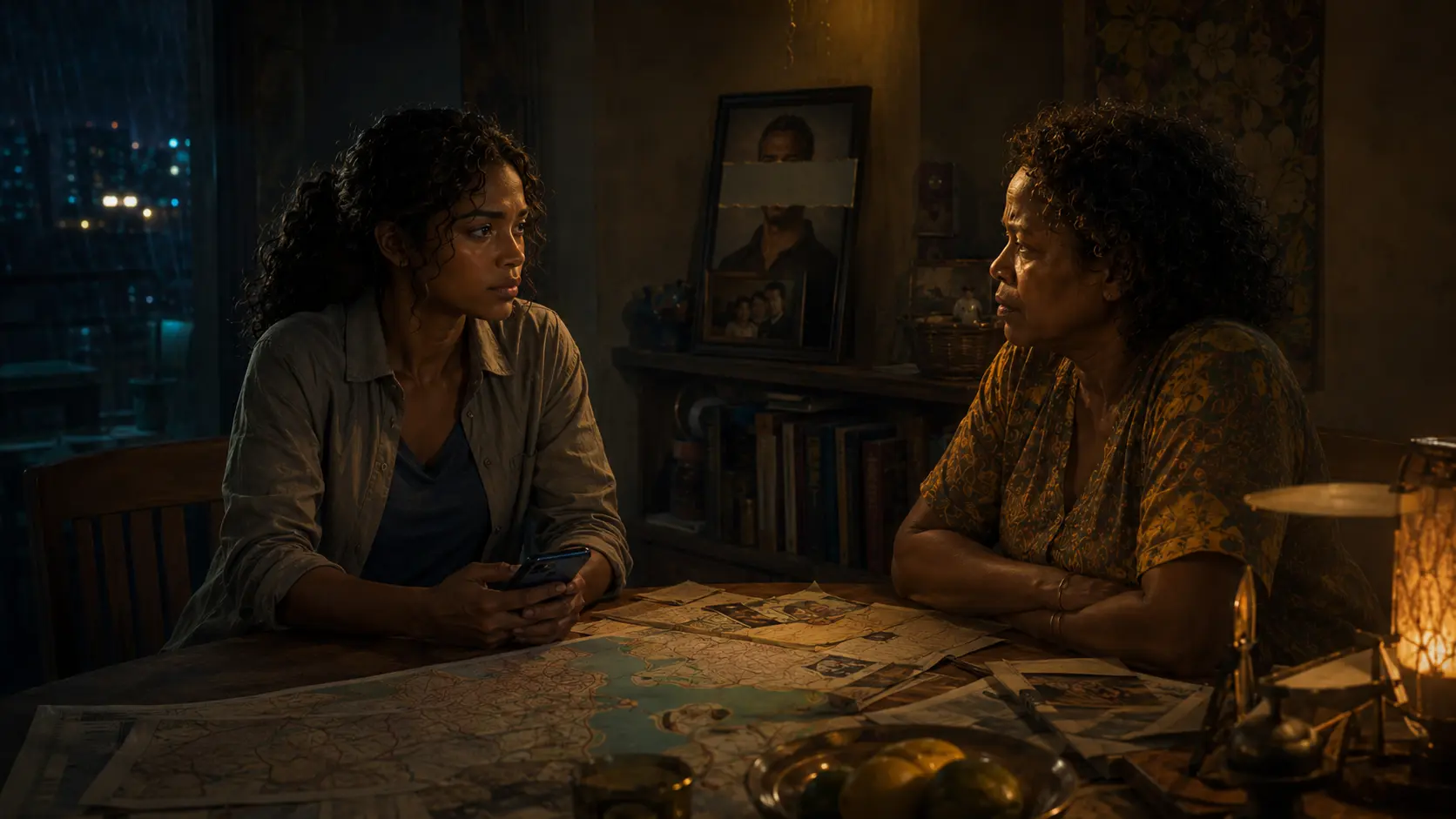 Nara and Adaeze sit beneath a warm lamp with flood maps, tea and mango between them.
