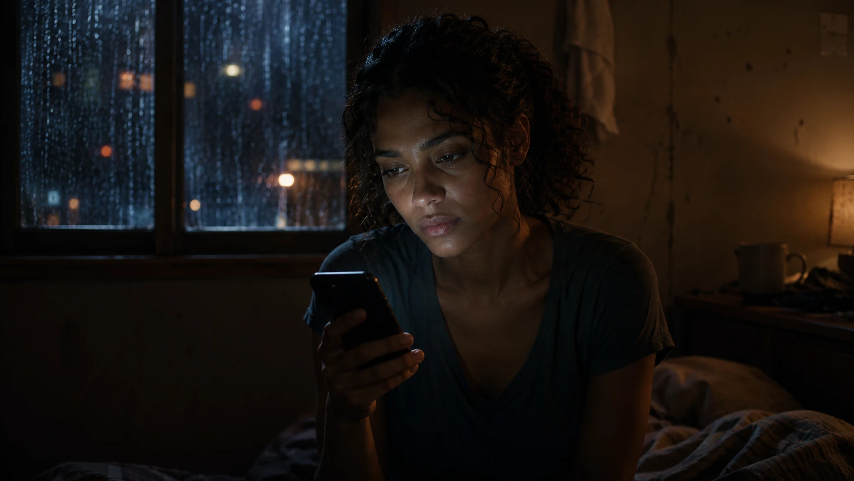 Nara sits alone at night in a modest room, holding a phone while rain traces the window behind her.