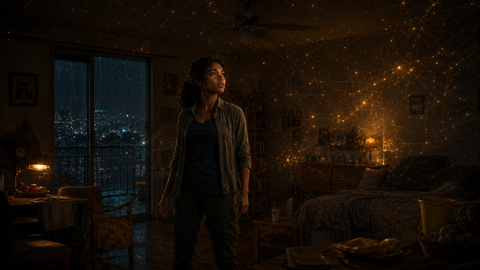 Nara stands in her intact room after midnight while a cinematic golden pattern represents an intense altered perception of depth and connection.