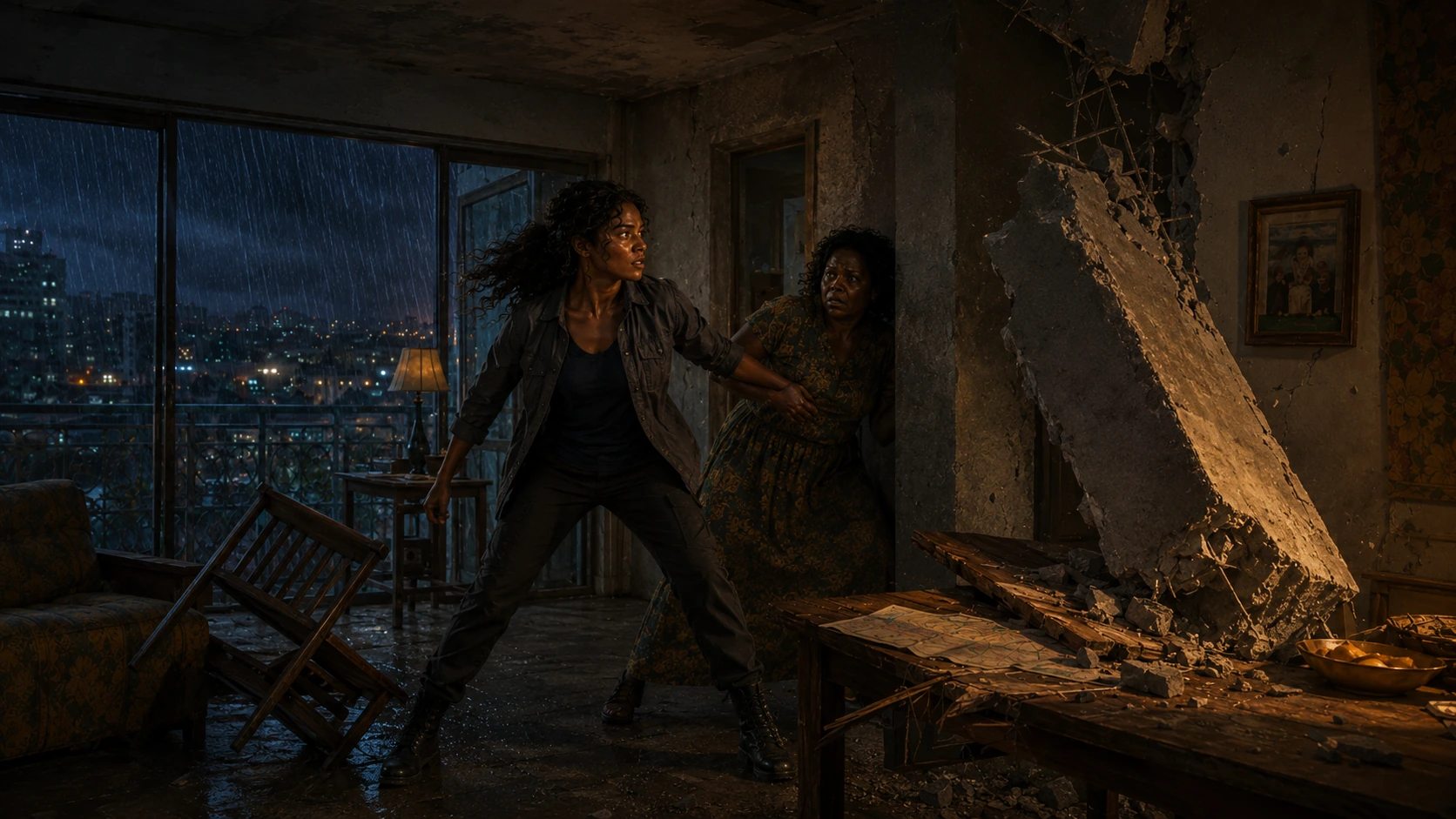 Nara pulls Adaeze behind a concrete column as a partially detached section hangs from exposed reinforcement and jams against the splintered table.