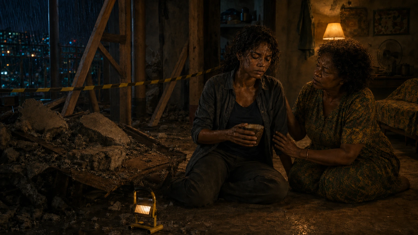 Nara sits with a cup beside Adaeze in a shored room while Adaeze steadies her arm and a yellow work lamp marks the safe threshold.