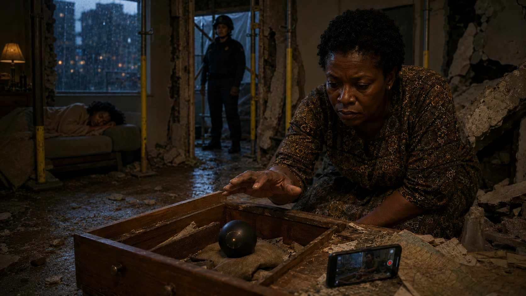 Adaeze records a faint point of light from the matte-black sphere while a rescuer holds the shored threshold and Nara sleeps in the safer adjoining room.