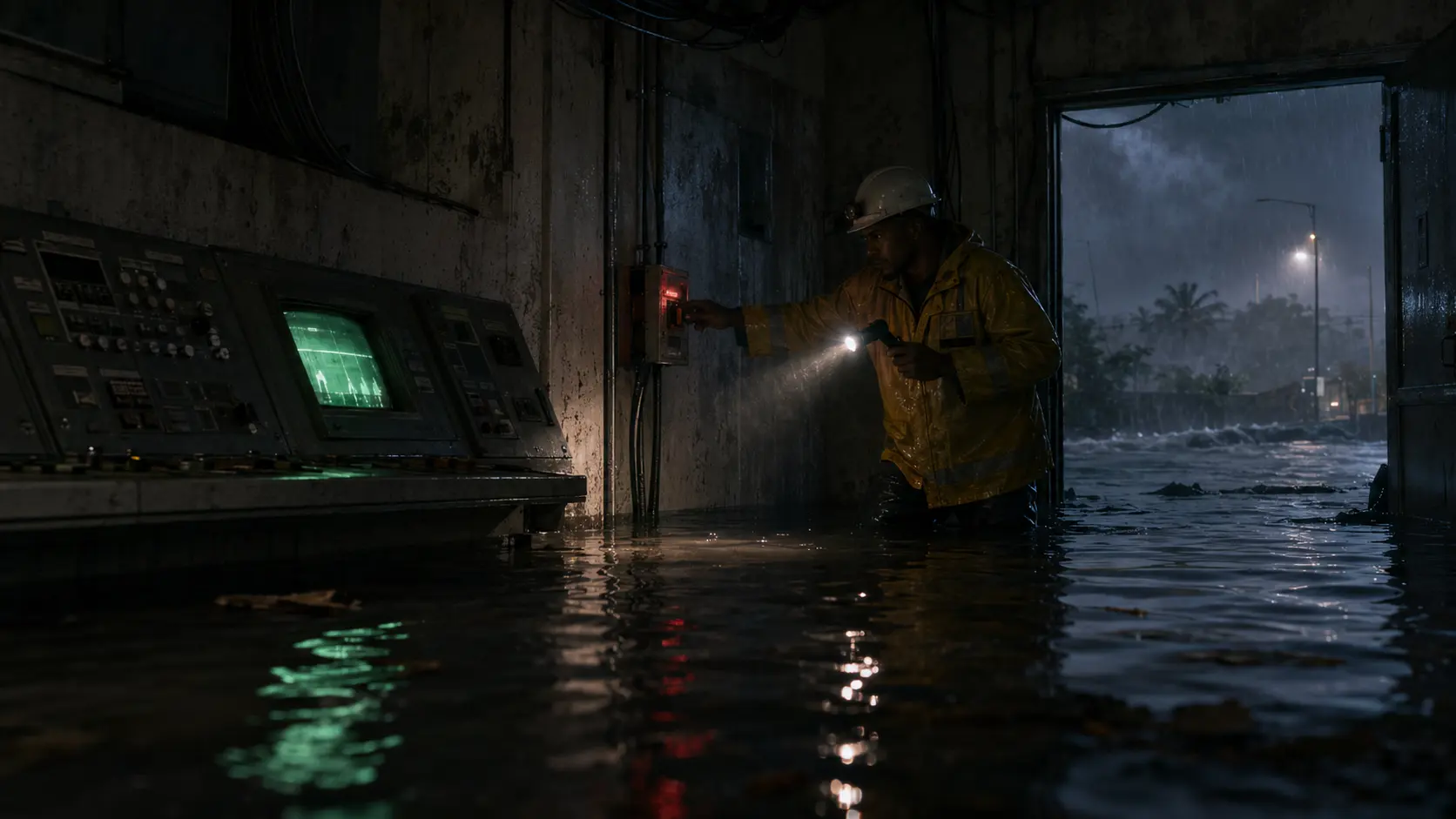 A technician stands in a flooded obsolete control annex beside one green-lit console and a red disconnect.