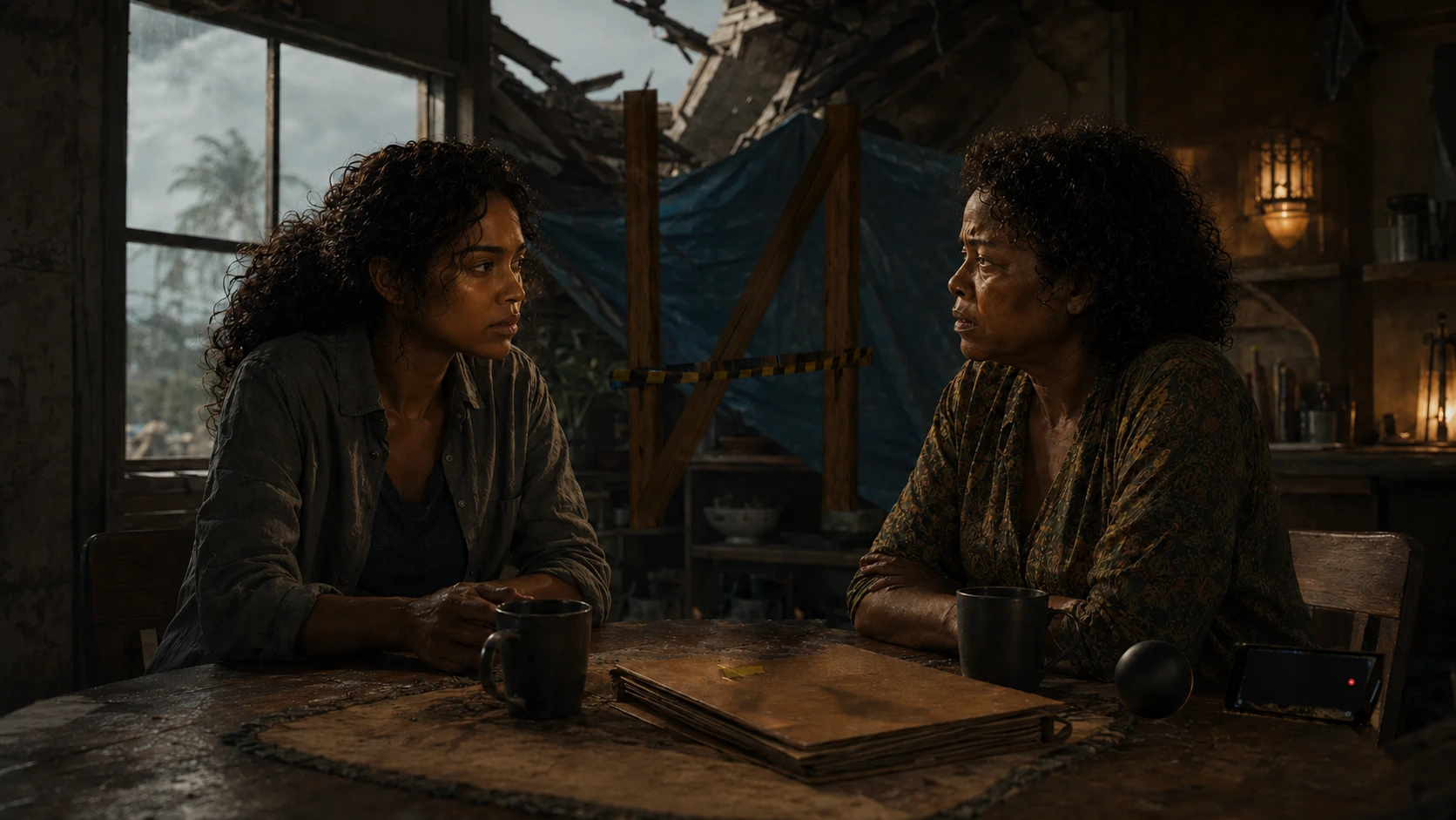 Nara and Adaeze face each other across the damaged kitchen table; the father folder, a recording phone and a dark sphere remain visible beside timber shores and striped safety tape.