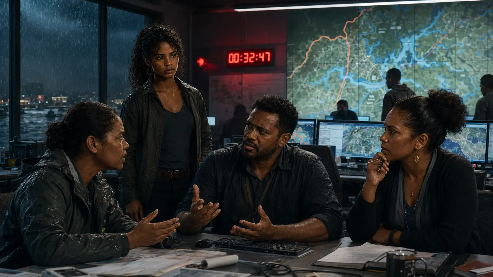 Nara listens while an operations chief, software engineer and rights observer disagree in the flood-control room.