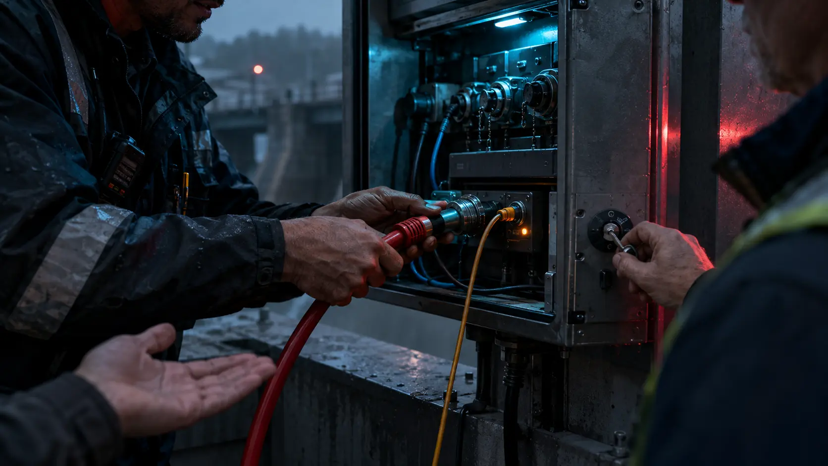 Hands disconnect a thick red actuator cable while leaving a thin isolated amber memory cable connected.
