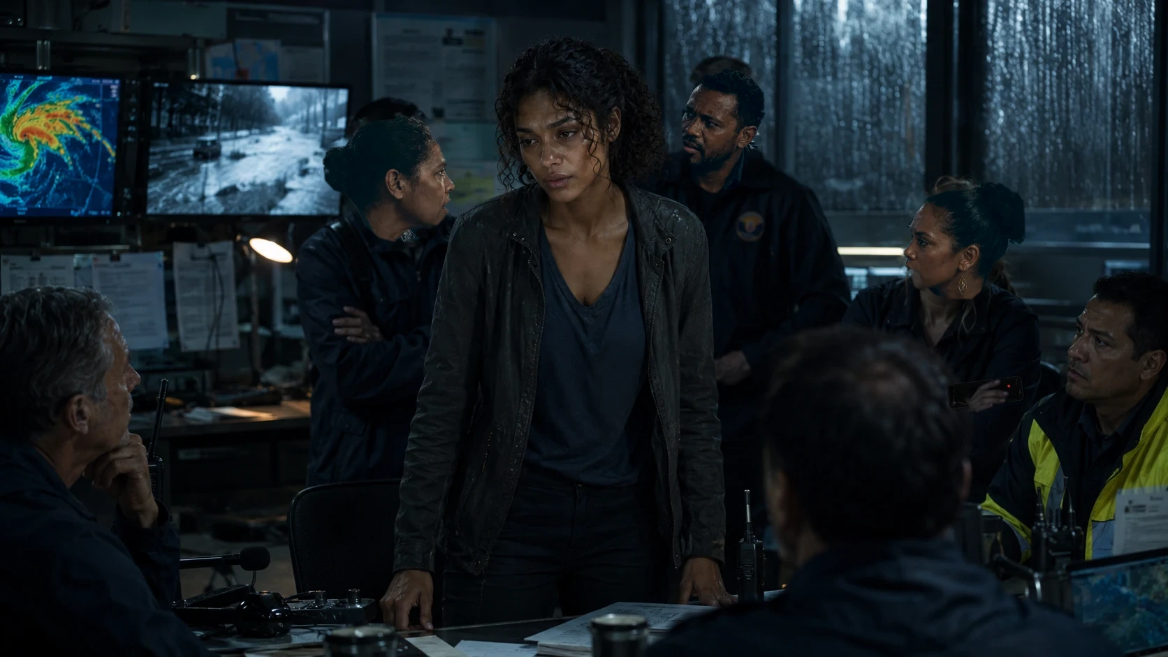 Nara braces herself at the control-room table while operators and recorders listen to her public correction during the storm.