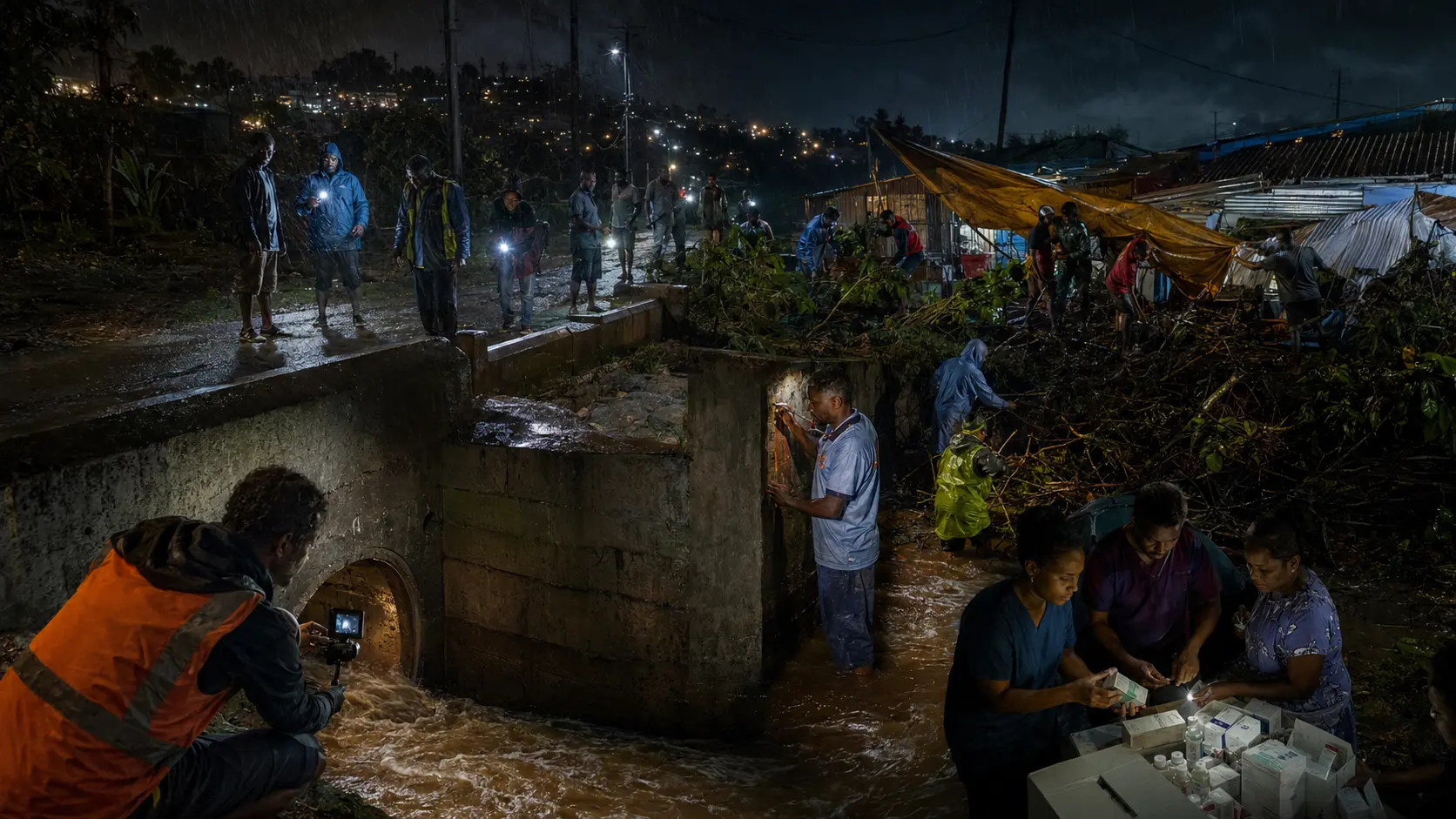 Residents and field workers verify a forgotten flood channel with cameras, water marks and phone lights.