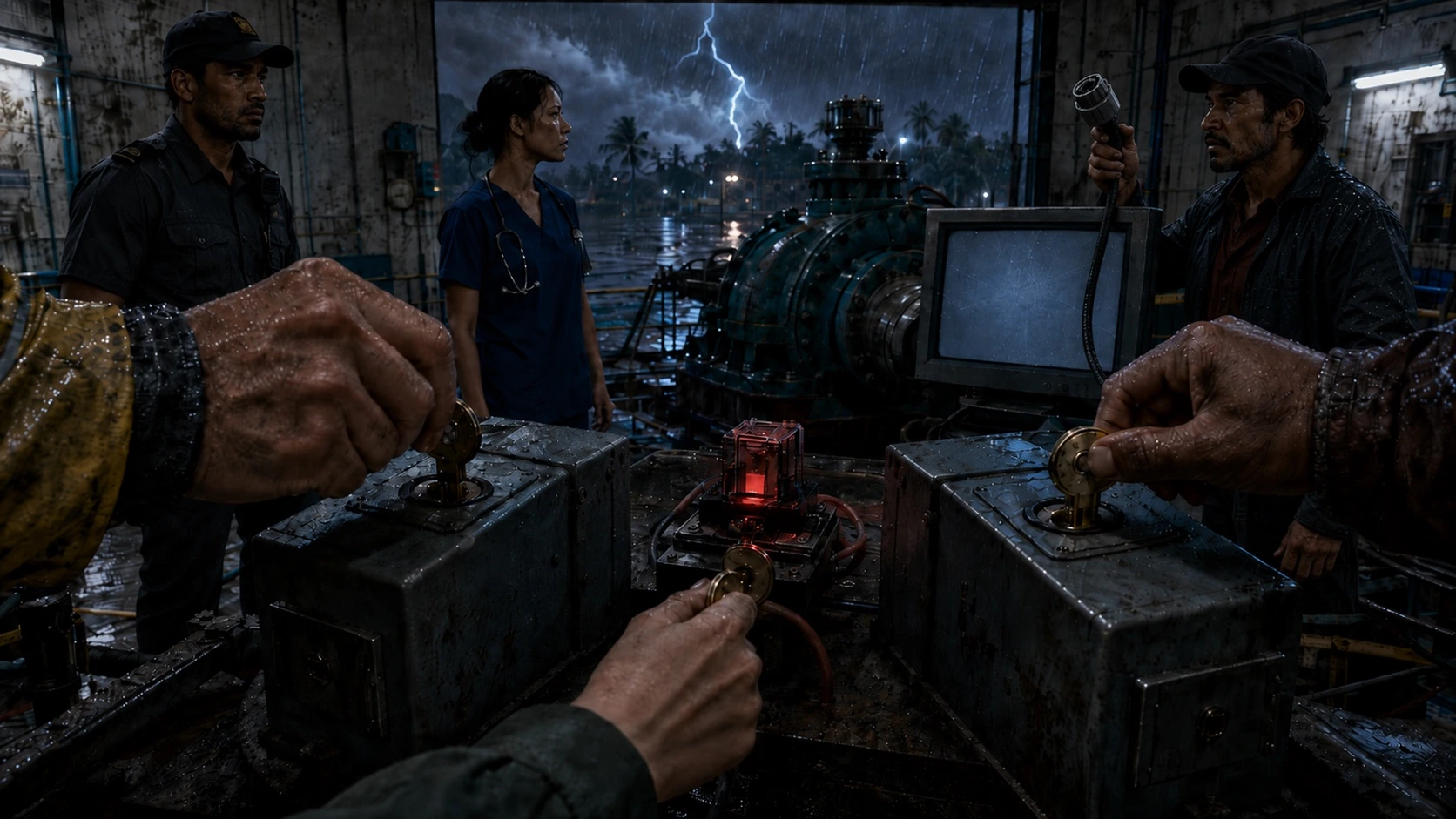 Three separate hands turn brass authorization keys around a red hard timer while Kila, a clinic nurse and Tomas monitor the isolated Pump Two test; Tomas displays the disconnected field-bus cable.