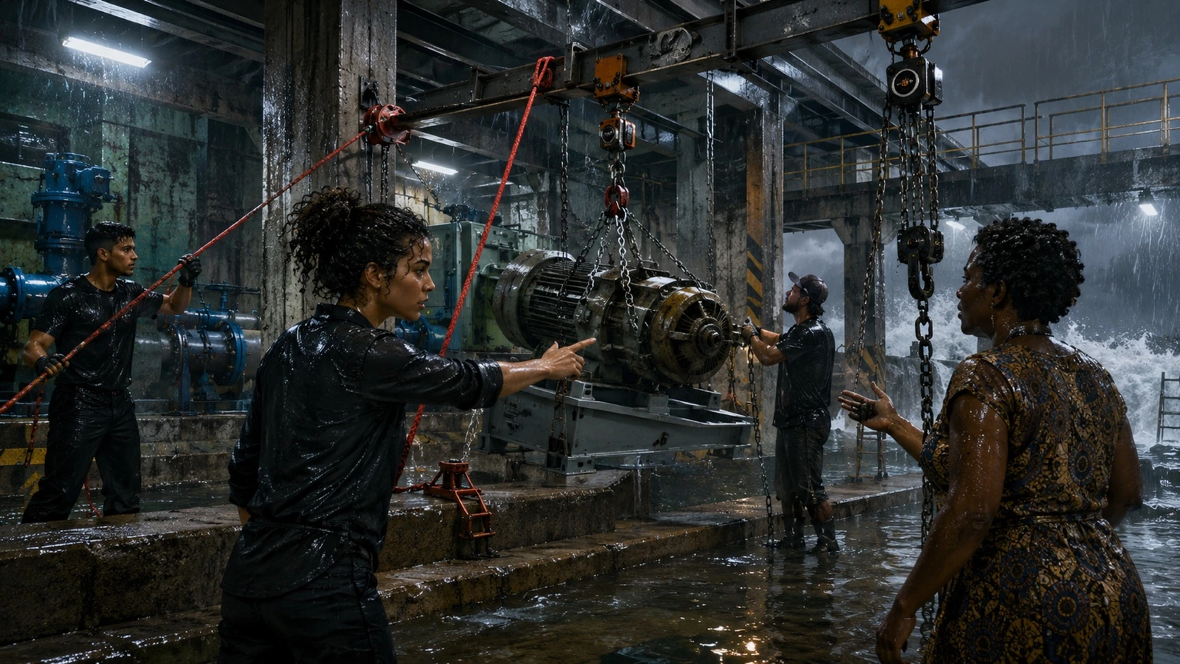 Nara and Adaeze coordinate workers stabilizing a suspended pump gantry with chain hoists, a red tag line, the service rail, reinforced pylons and a steel cradle.