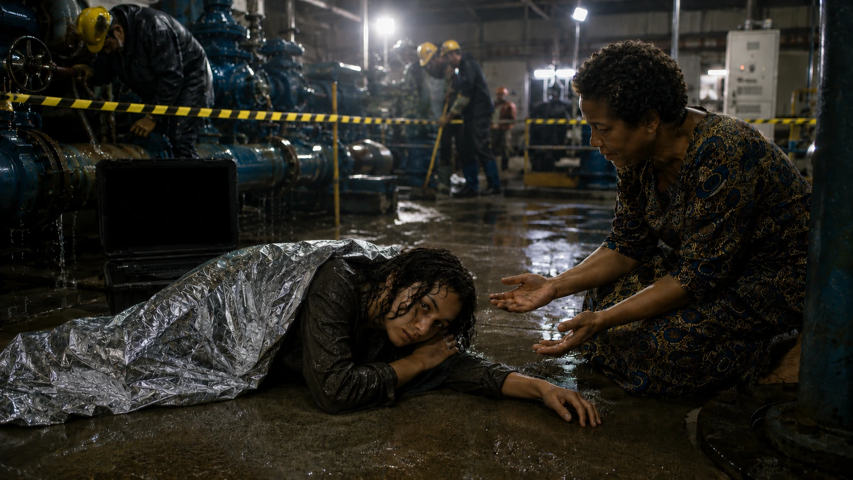 Nara lies awake under a silver emergency blanket on the wet pump-house floor while Adaeze waits at a clear distance with both hands open, the monitor black and workers continuing behind them.