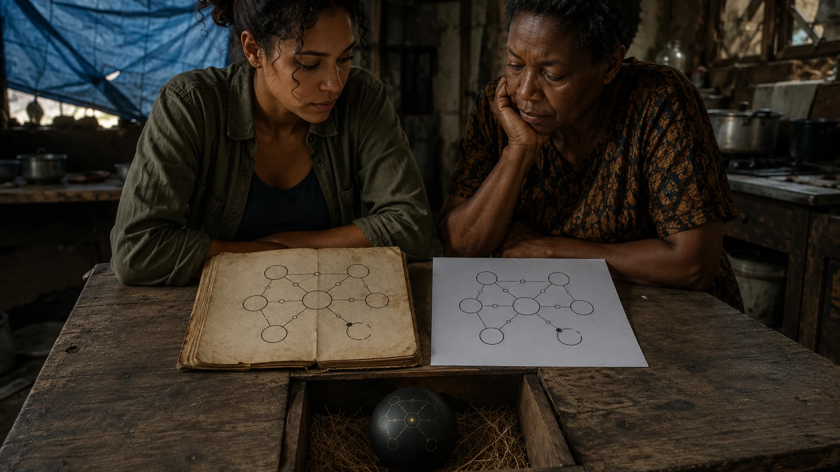Nara and Adaeze compare an old six-around-one topology with a matching CIVIC-9 audit graph while a dark sphere displays the same lower-right open connection.