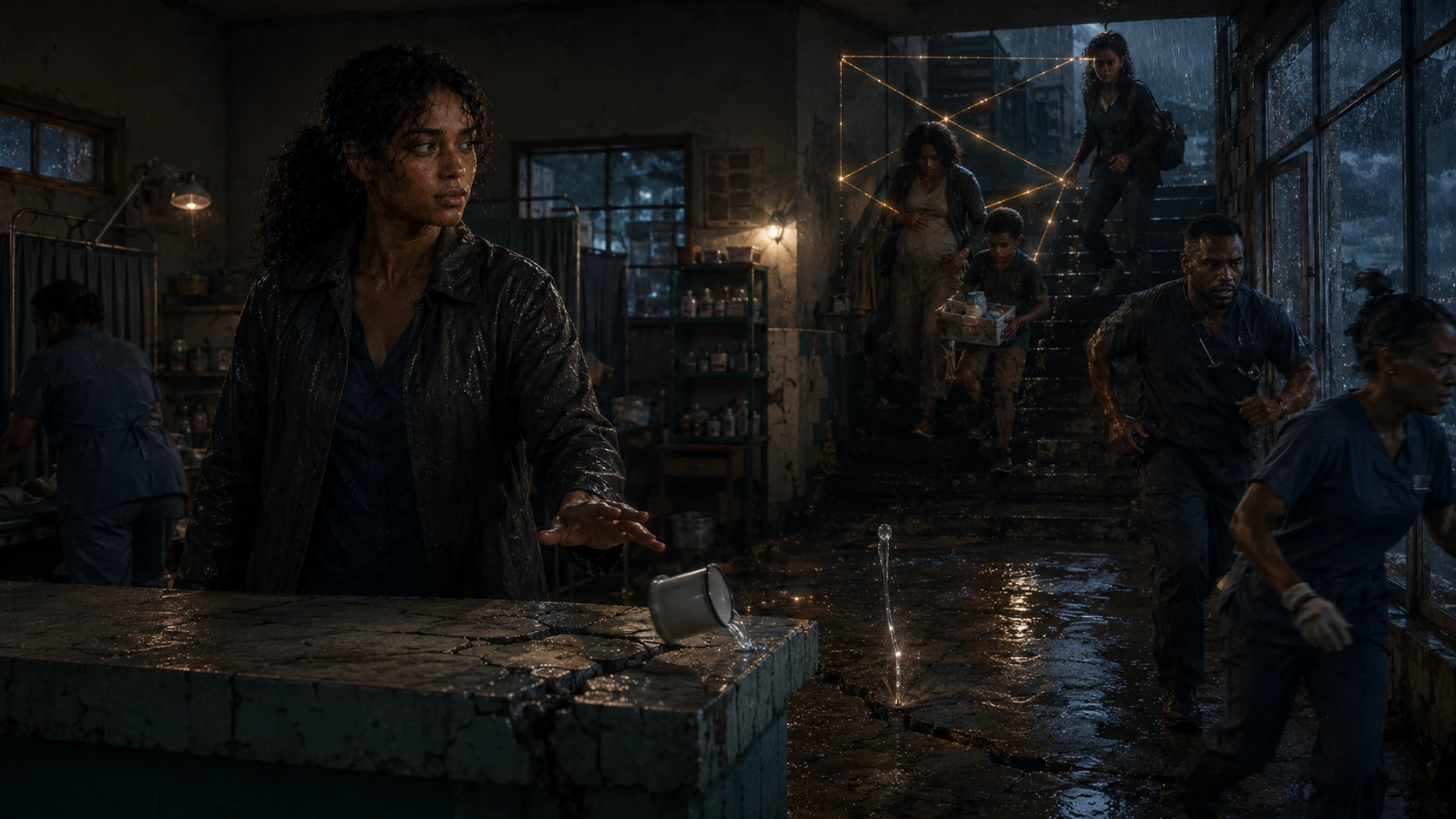 Inside the storm-dark clinic, Nara steadies a failing stair as staff and patients evacuate through rain.