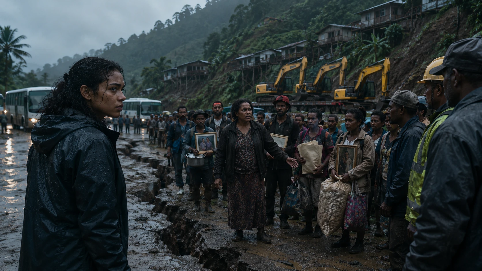 Nara watches residents confront officials on a cracked muddy road, with evacuation buses and excavators behind them.