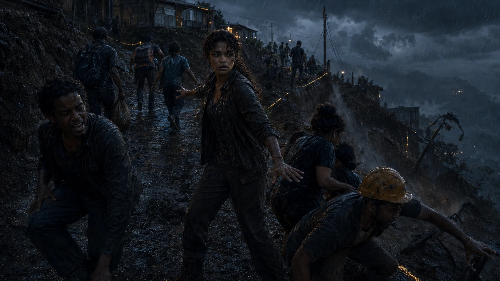 On the collapsing ridge, Nara reaches toward injured Kelechi as residents struggle through rain and mud.