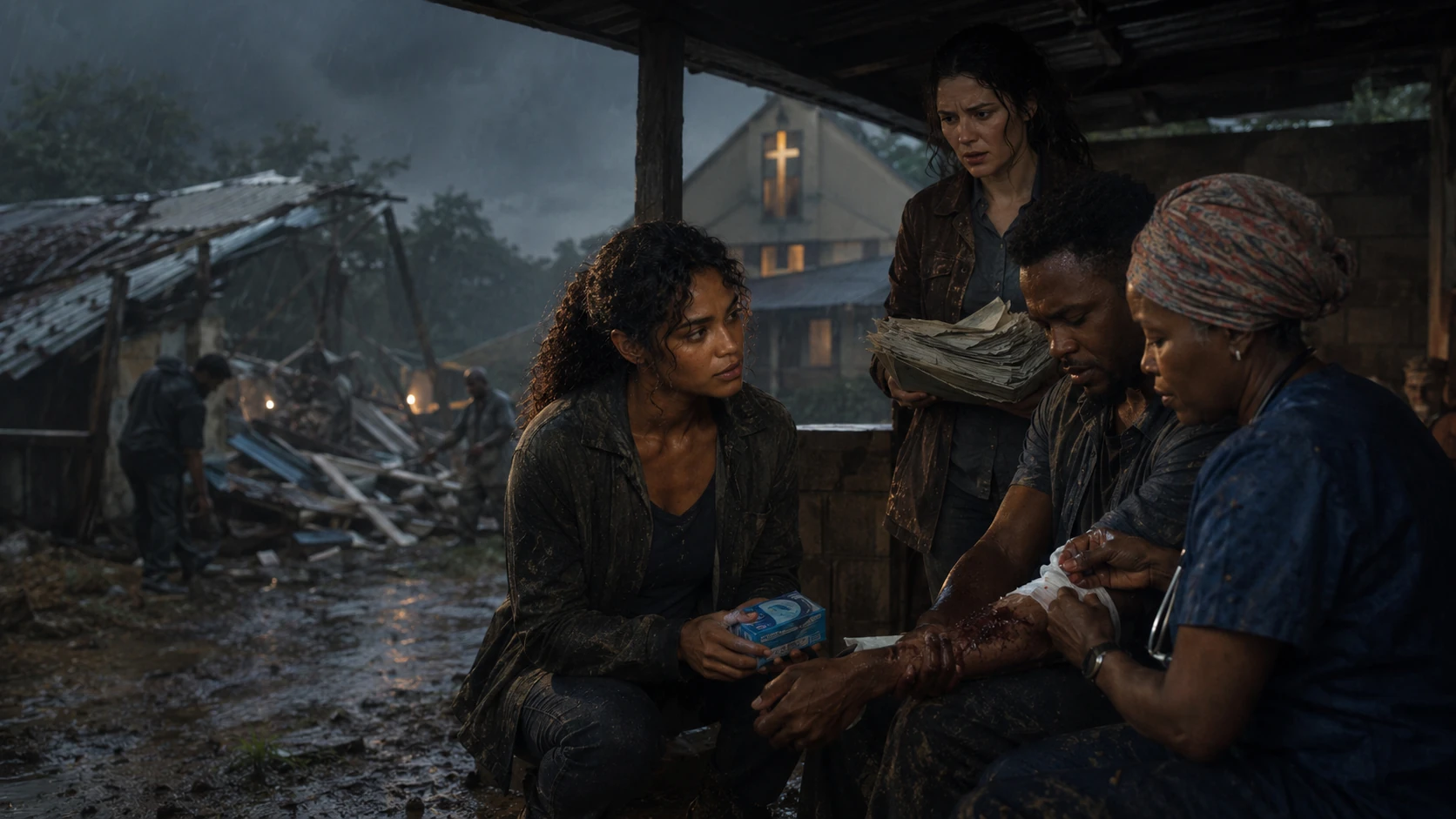 Under the church awning, Nurse Sefa bandages Kelechi while Nara holds the blue insulin box beside the fallen clinic.